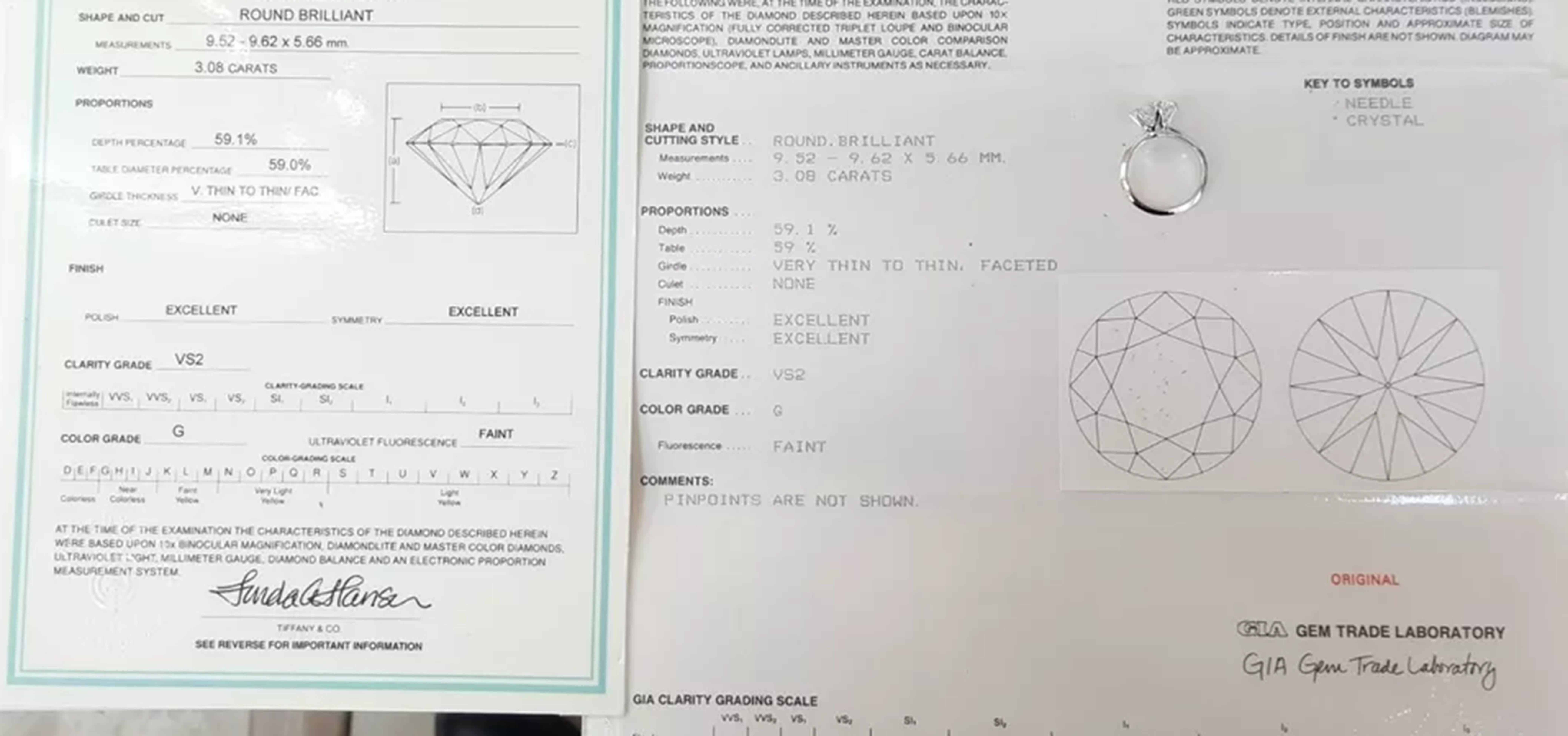 Round Cut Tiffany & Co. 3.08 Ct. Round Brilliant Cut Diamond Engagement Ring For Sale