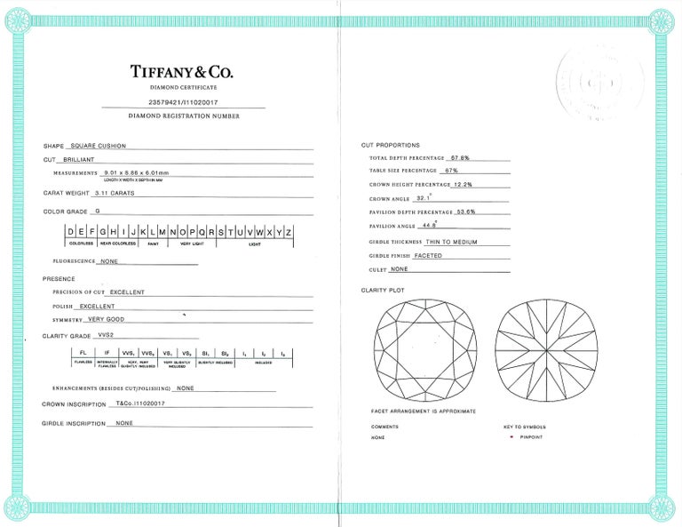 Tiffany & Co. 3.11 Cushion Cut Diamond, G VVS2, Platinum Engagement Ring For Sale 1