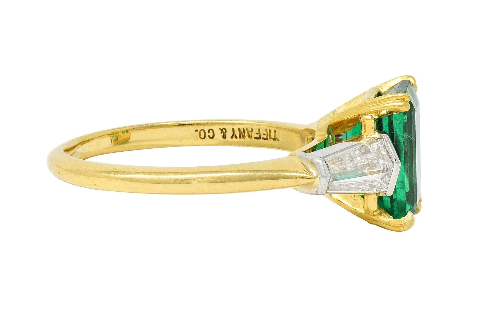 Tapered Baguette Tiffany & Co. 3.15 CTW Emerald Diamond Platinum 18 Karat Gold Vintage Ring AGL For Sale