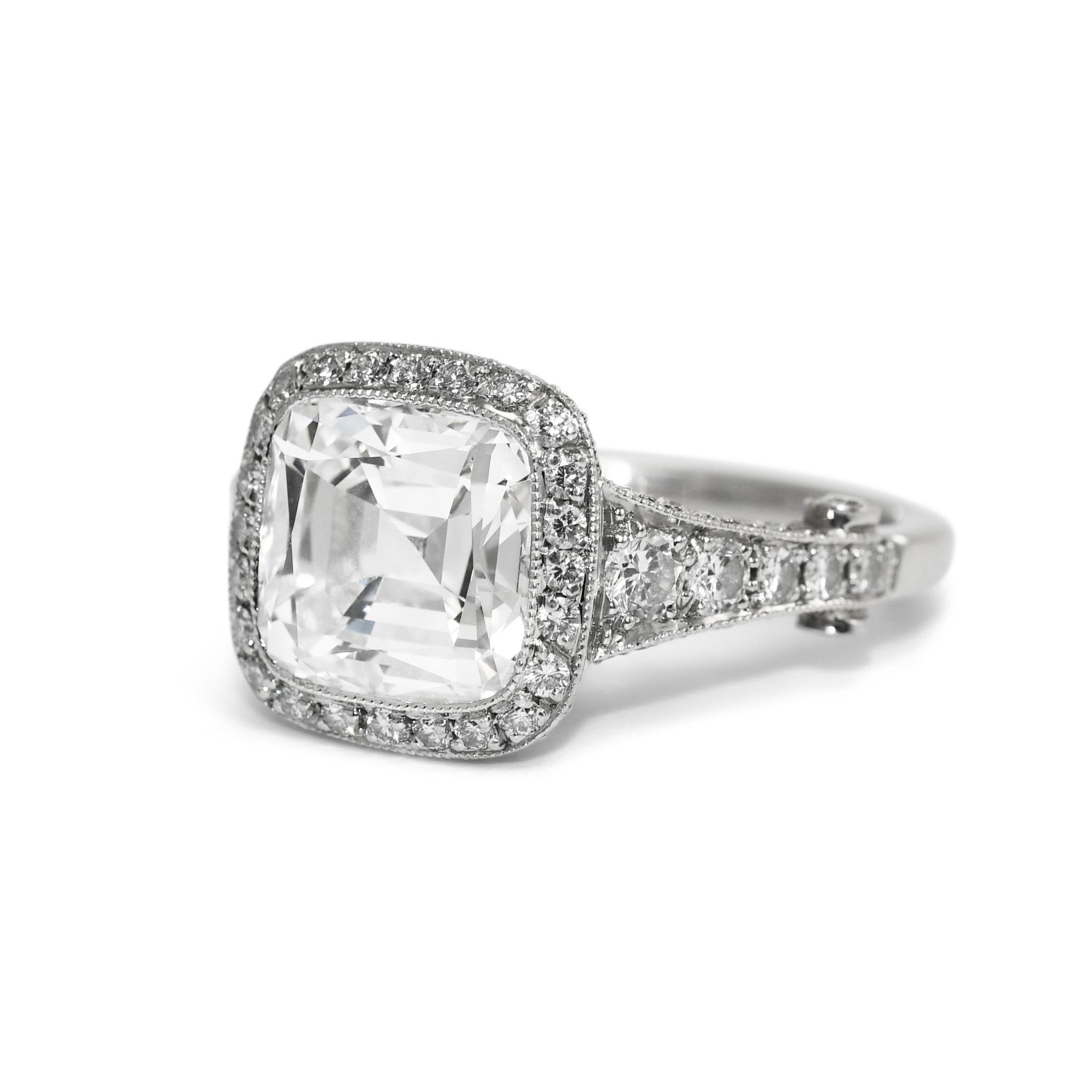 Tiffany & Co 3.18ct D/IF Cushion Cut Diamond Ring, 6.9gr
Tiffany & Co Platinum Diamond Ring out of the LEGACY collection evokes the glamour of the Edwardian period.

The center stone is a D color, Interally flawless, 3.18ct Modified cushion