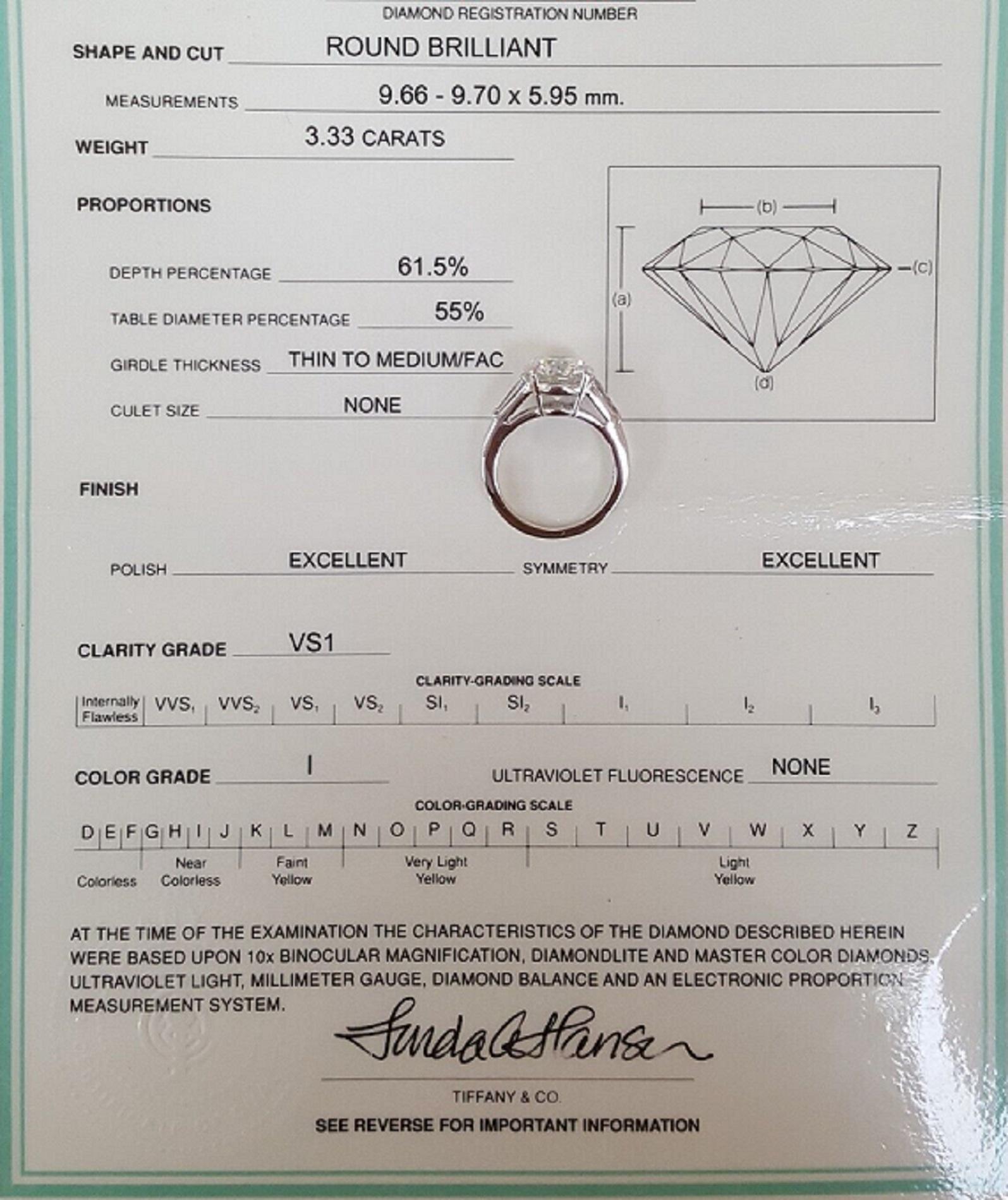 Tiffany & Co. Bague en platine à diamant rond de 3,33 carats et taille brillante Neuf - En vente à Rome, IT