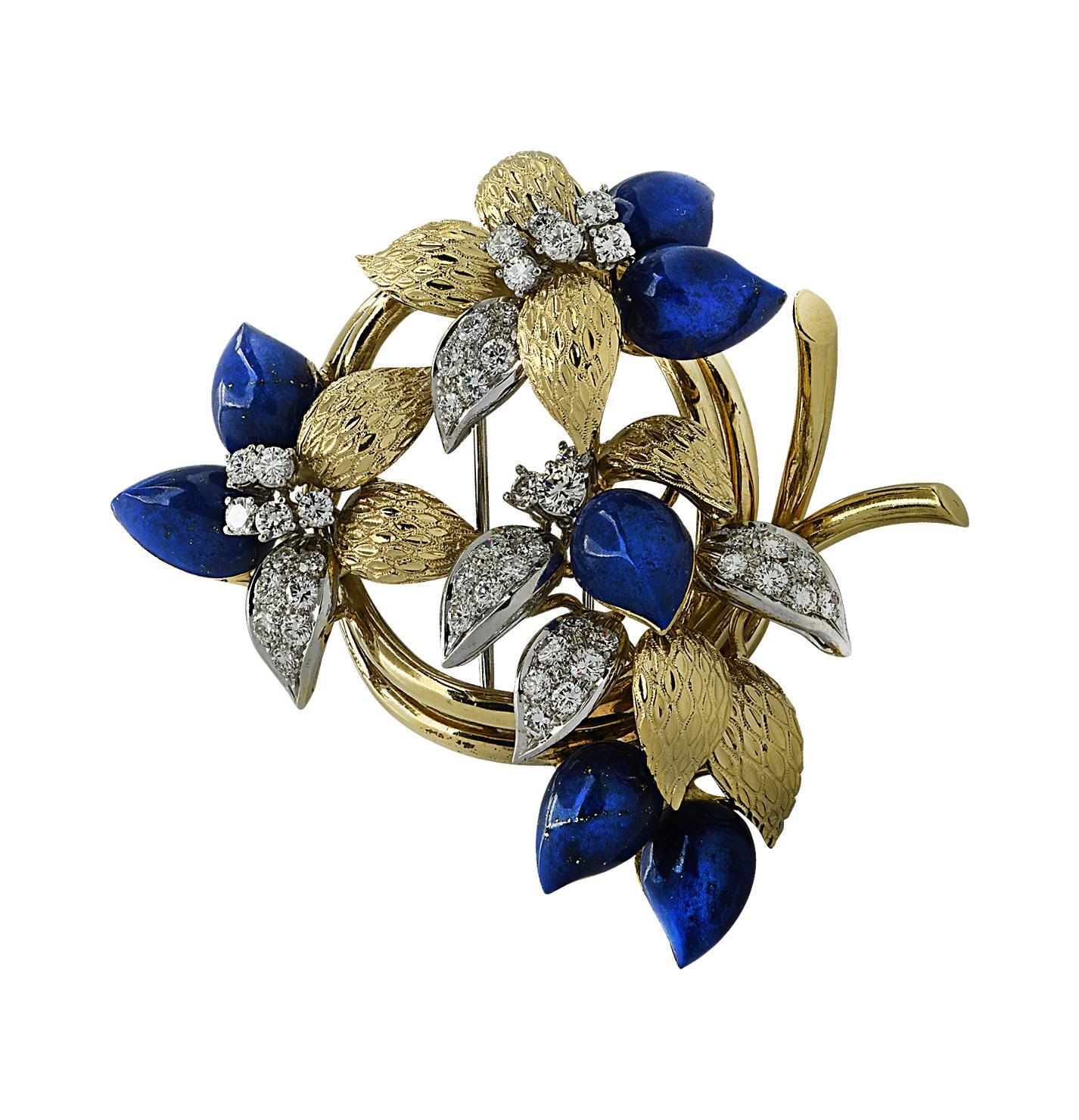 Tiffany & Co. 3.51 Carat Diamond and Lapis Lazuli Brooch Pin In Good Condition In Miami, FL