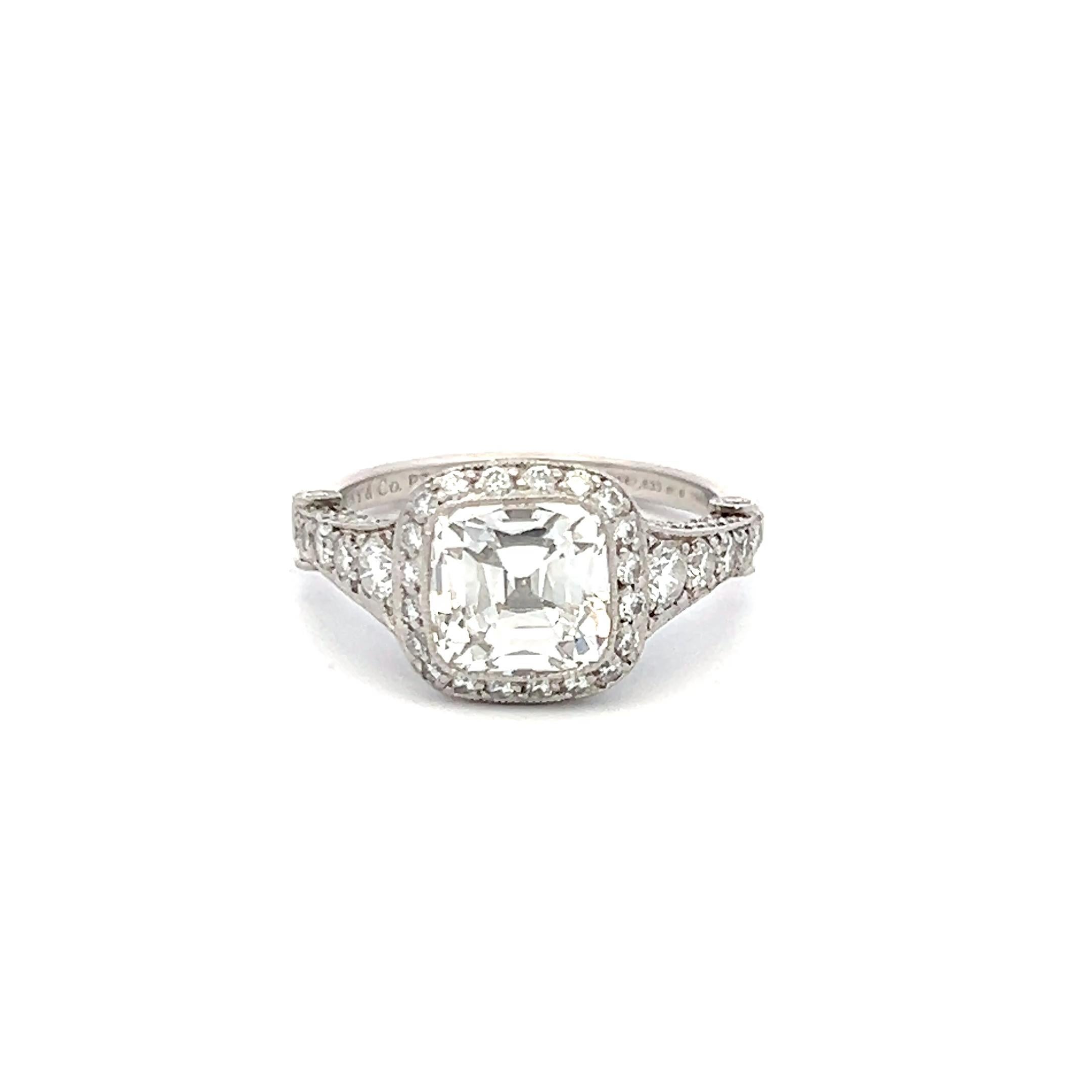 Women's Tiffany & Co 3.54 Carat Cushion Brilliant and Round Diamond Platinum Halo Ring For Sale