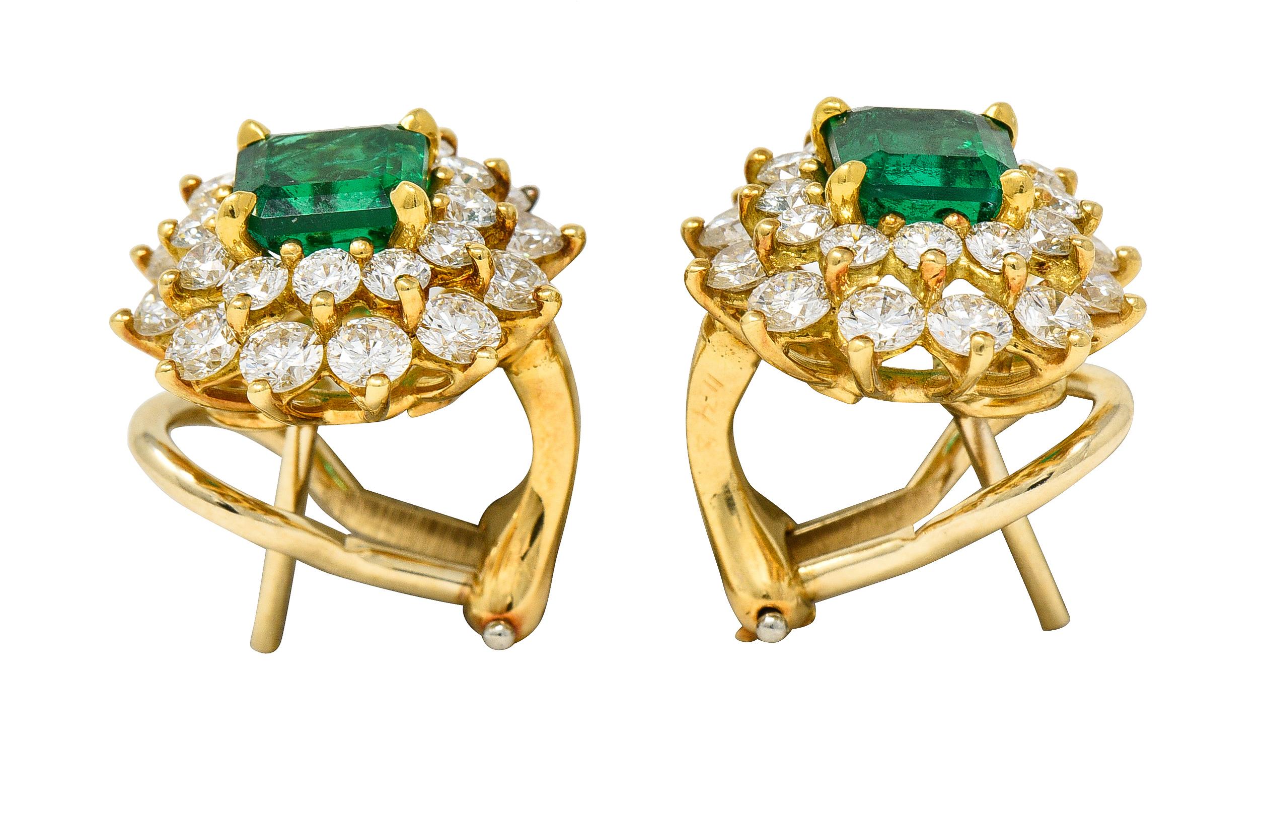 Tiffany & Co. 3.58 CTW Emerald Diamond 18 Karat Gold Vintage Cluster Earrings In Excellent Condition For Sale In Philadelphia, PA