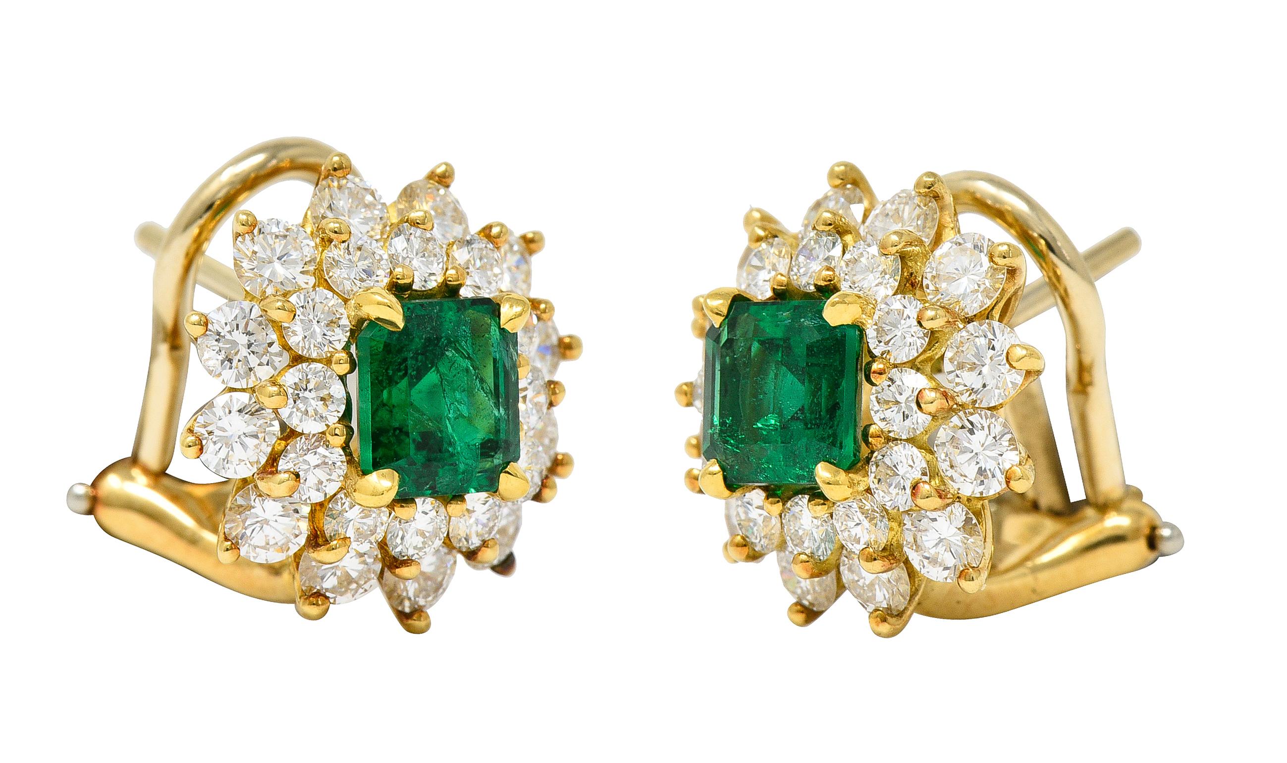 Women's or Men's Tiffany & Co. 3.58 CTW Emerald Diamond 18 Karat Gold Vintage Cluster Earrings