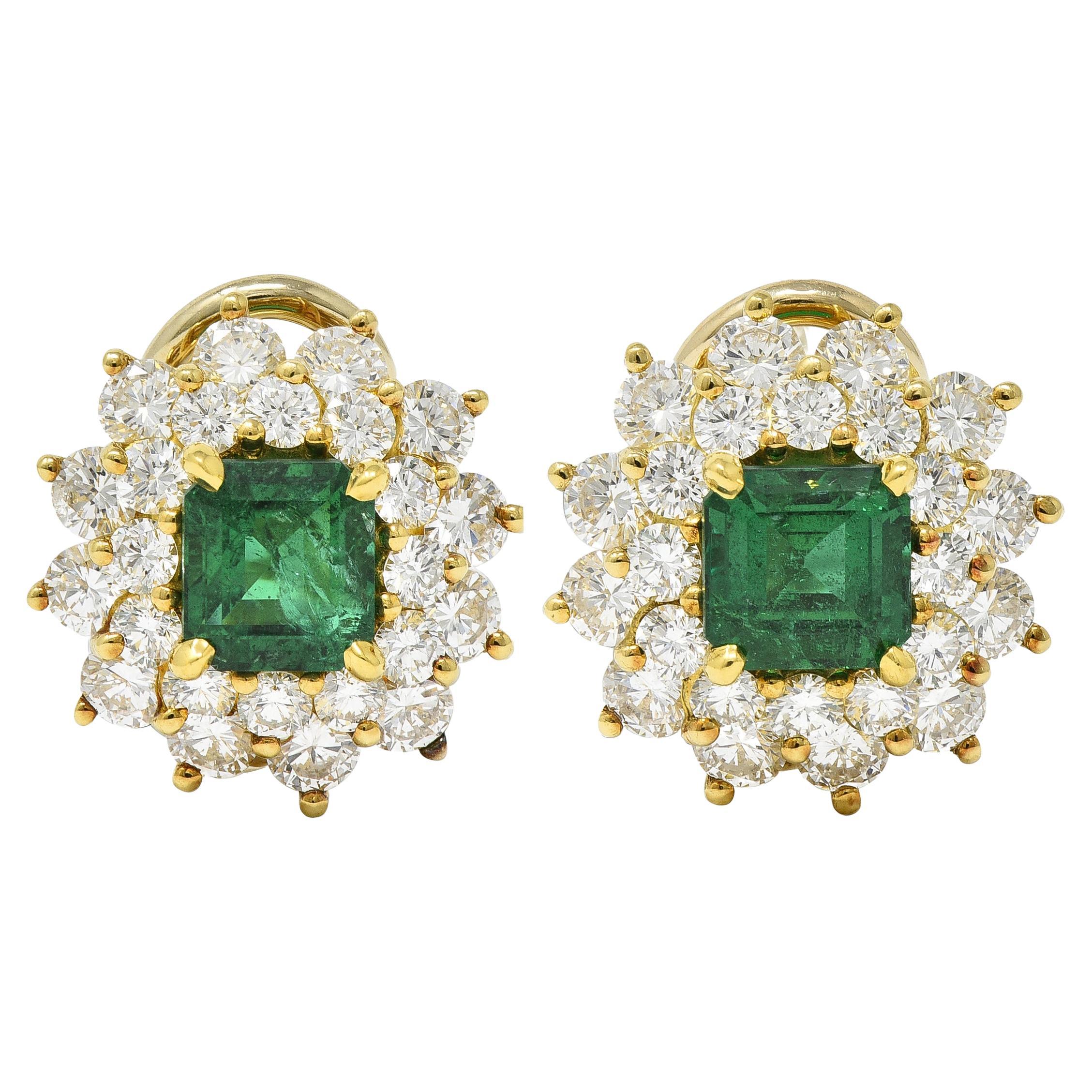 Tiffany & Co. 3.58 CTW Emerald Diamond 18 Karat Gold Vintage Cluster Earrings For Sale