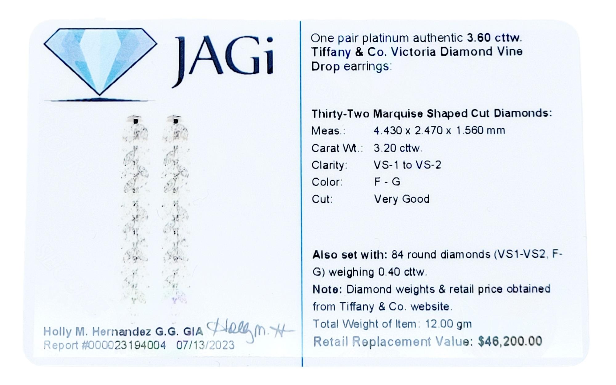 Marquise Cut Tiffany & Co. 3.60 Carat Total Victoria Diamond Vine Drop Earrings in Platinum