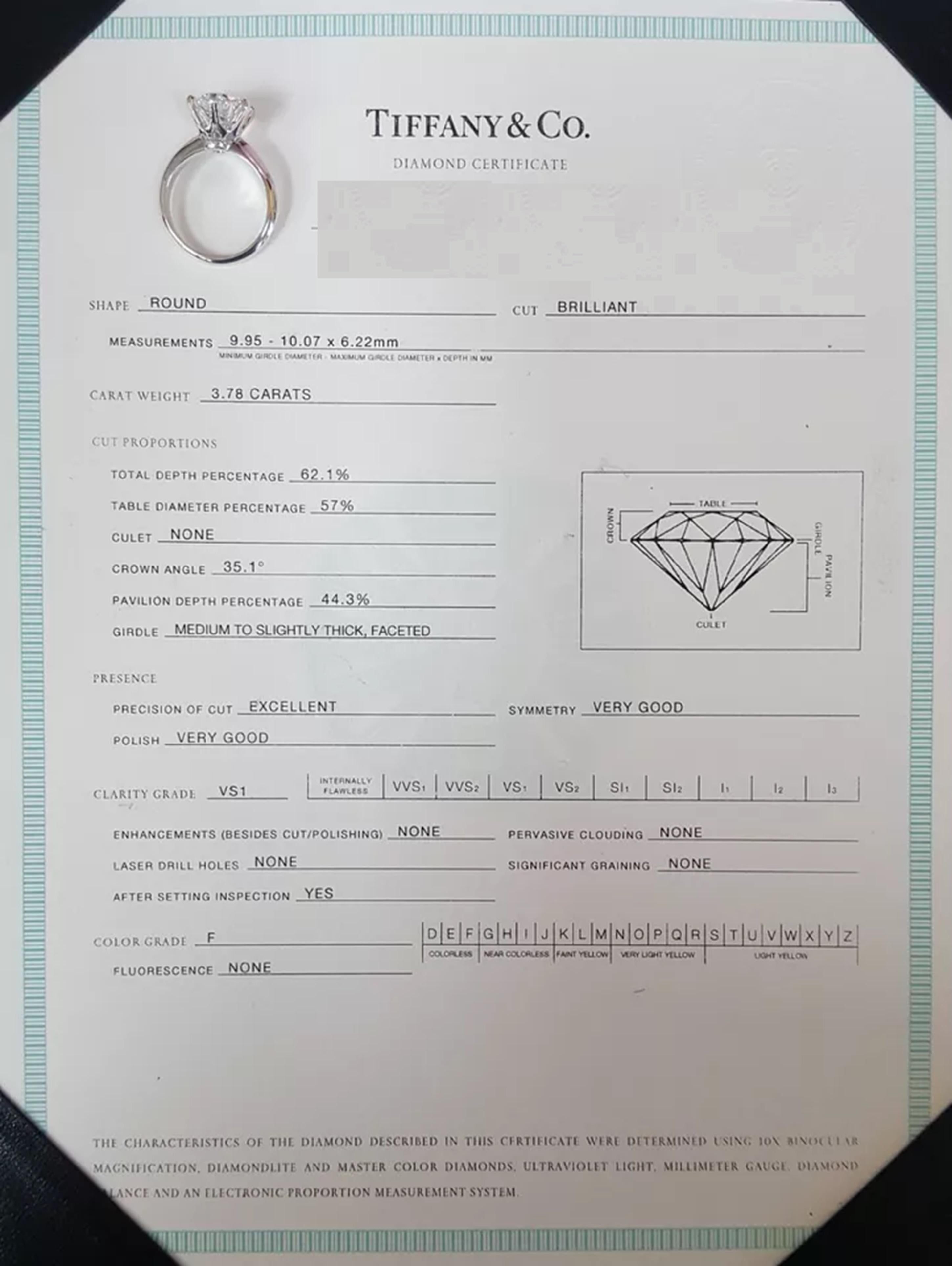 Women's or Men's Tiffany & Co. 3.78 Ct. Round Brilliant Cut Diamond Engagement Ring For Sale