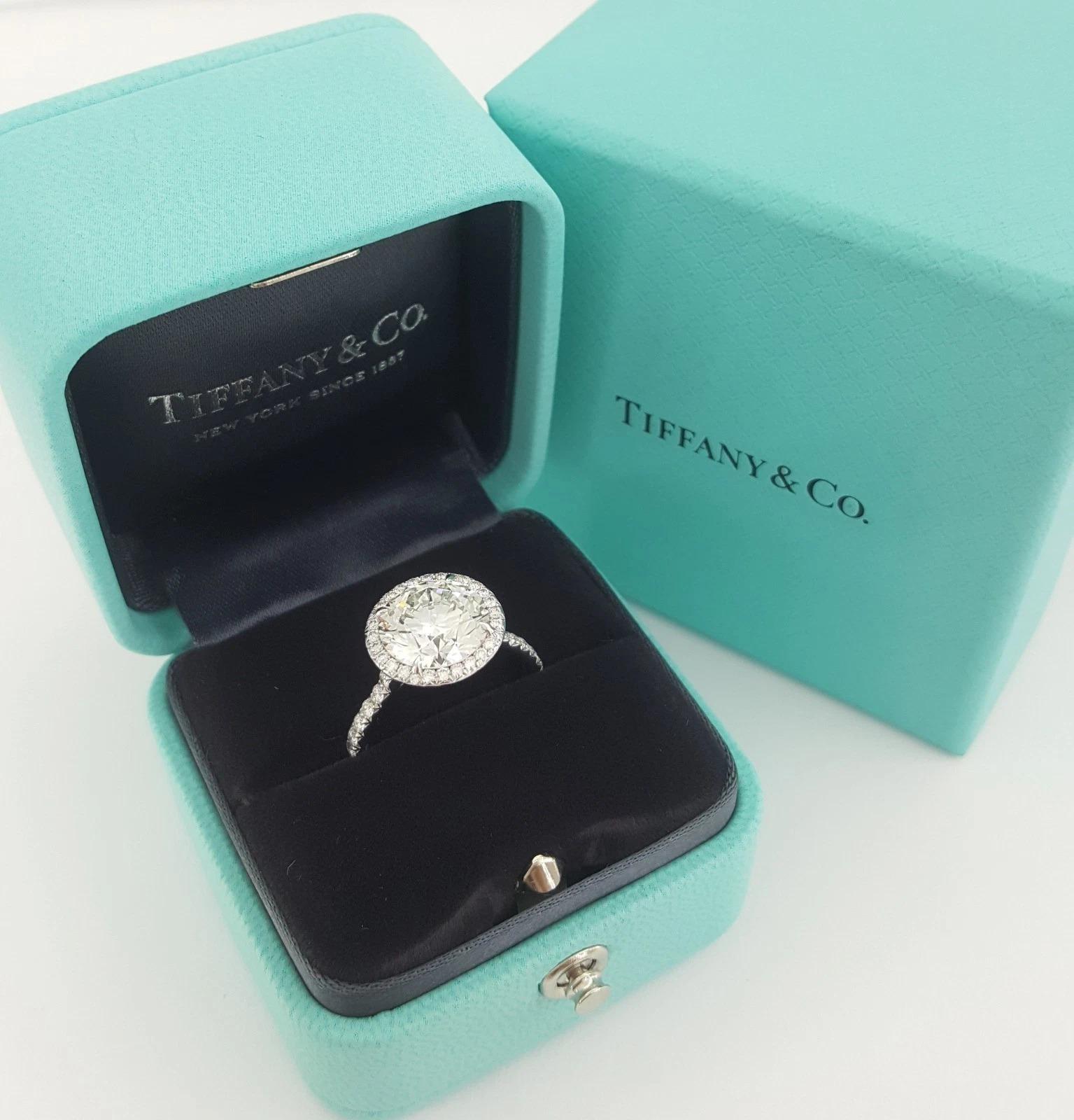 Round Cut Tiffany & Co. 3.82 Carat Platinum Soleste Diamond Halo Engagement Ring For Sale