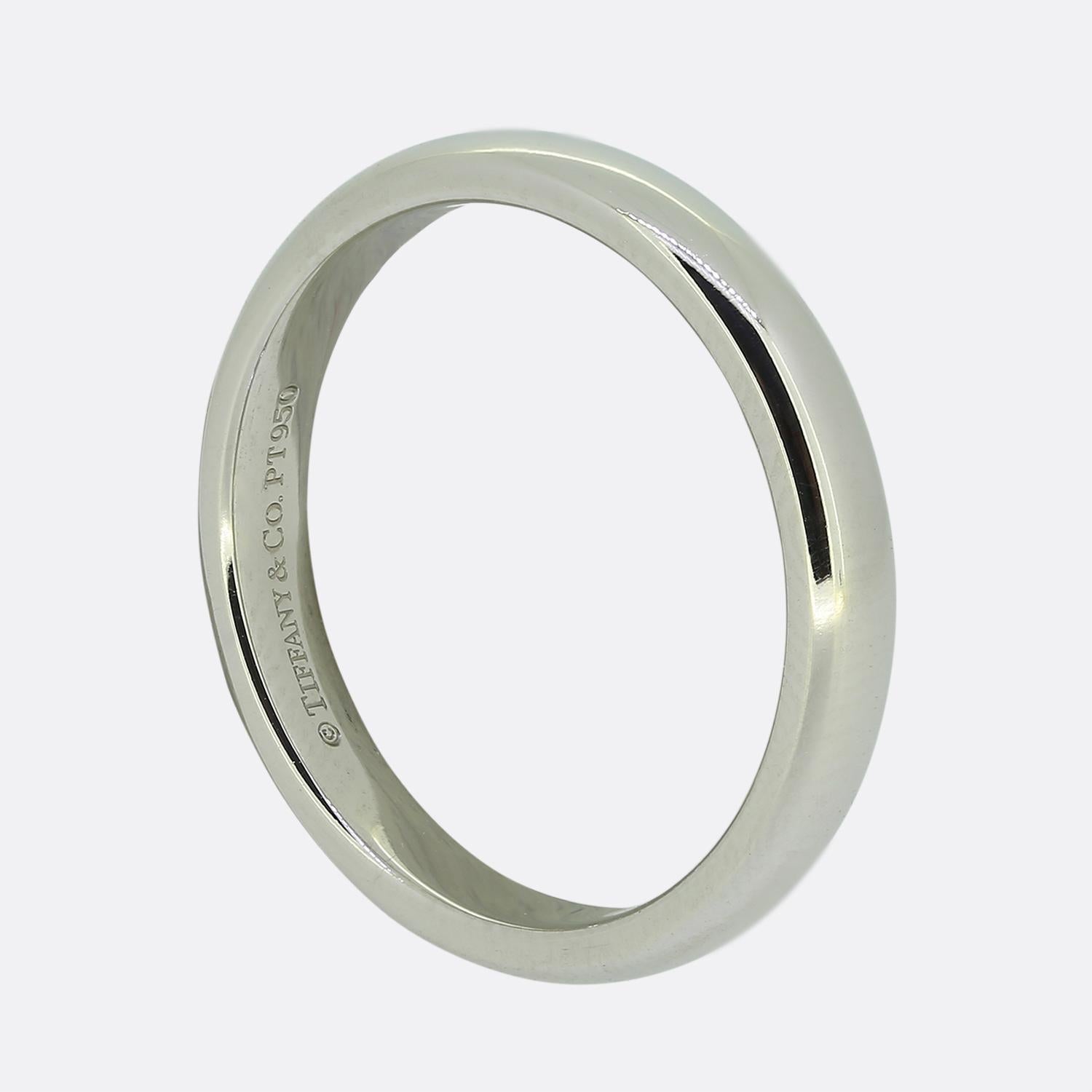 Here we have a classic plain polished wedding band ring from the world renowned jewellery designer, Tiffany & Co. This timeless piece has been crafted from platinum and is 3mm in width making it perfect for both men and women.

Condition: Used