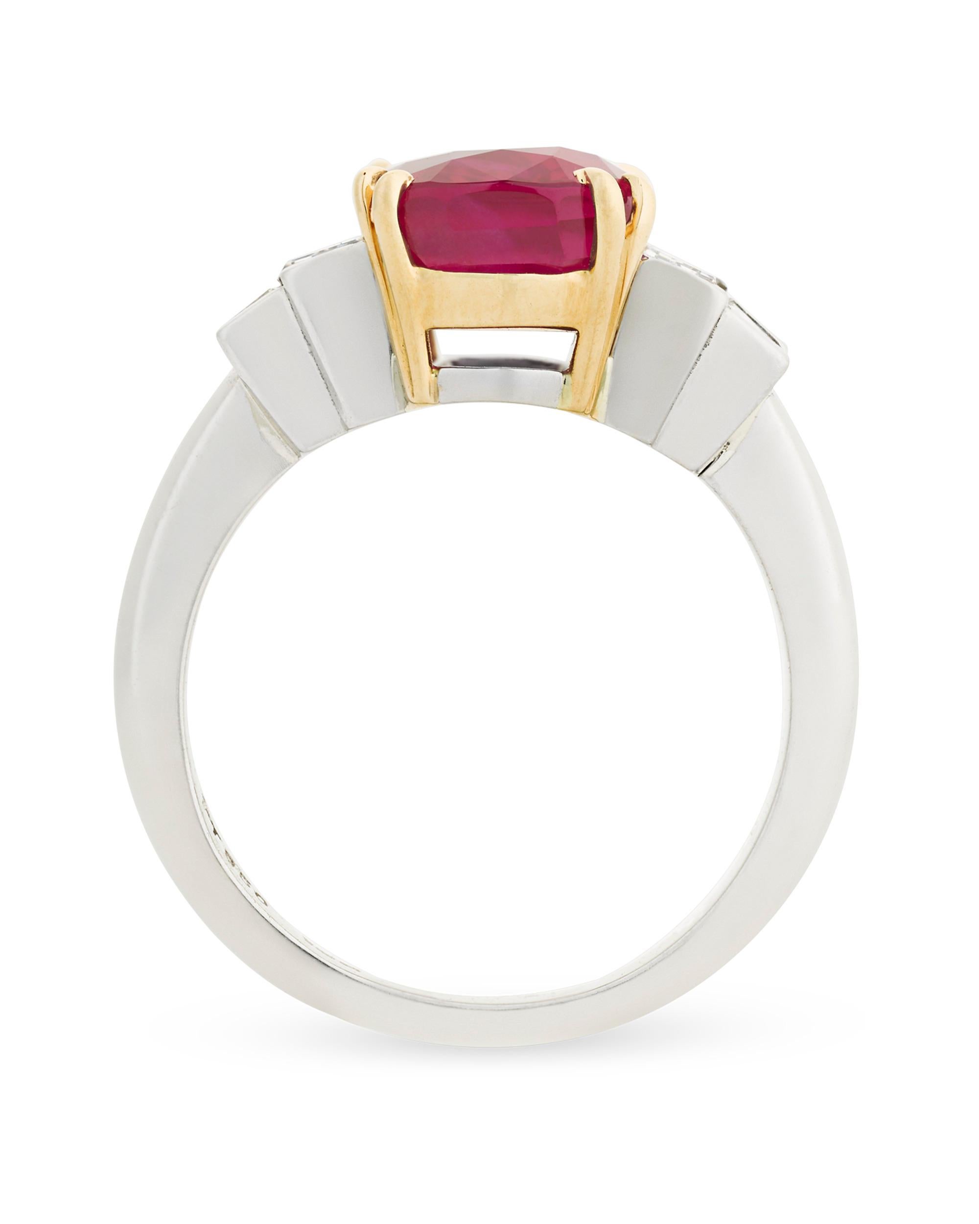 Rubies hailing from Burma are among the most coveted gemstones of their kind, and this exceptional 4.02-carat example exemplifies the rare beauty of the stone. Expertly set by the legendary American jewelers Tiffany & Co., the Burma ruby displays a