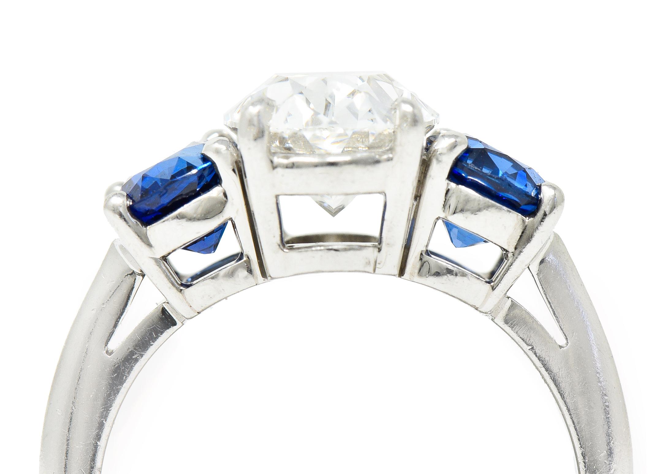 Tiffany & Co. 4.26 Carats Oval Cut Diamond Sapphire Platinum Three Stone Ring 2