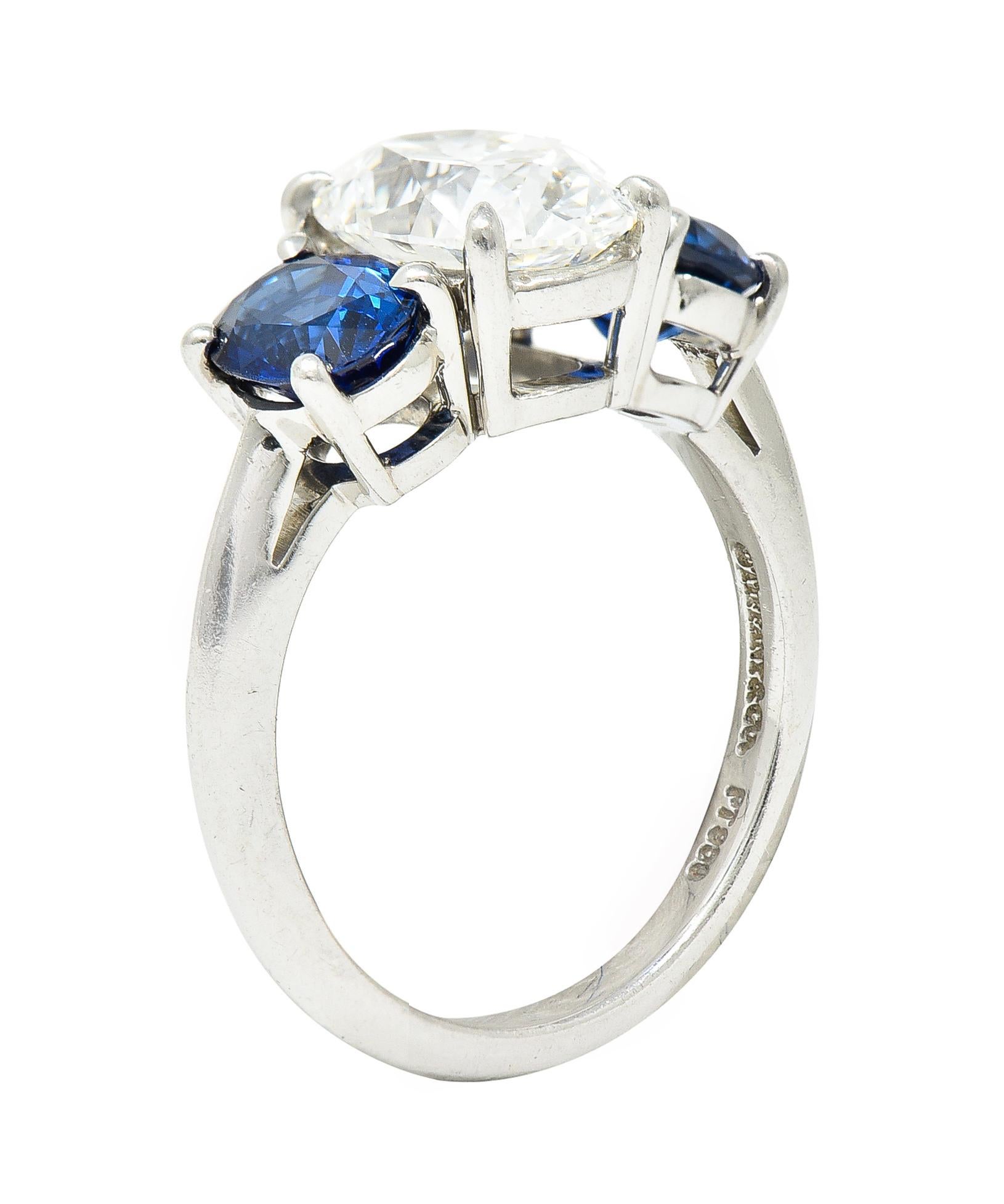 Tiffany & Co. 4.26 Carats Oval Cut Diamond Sapphire Platinum Three Stone Ring 3