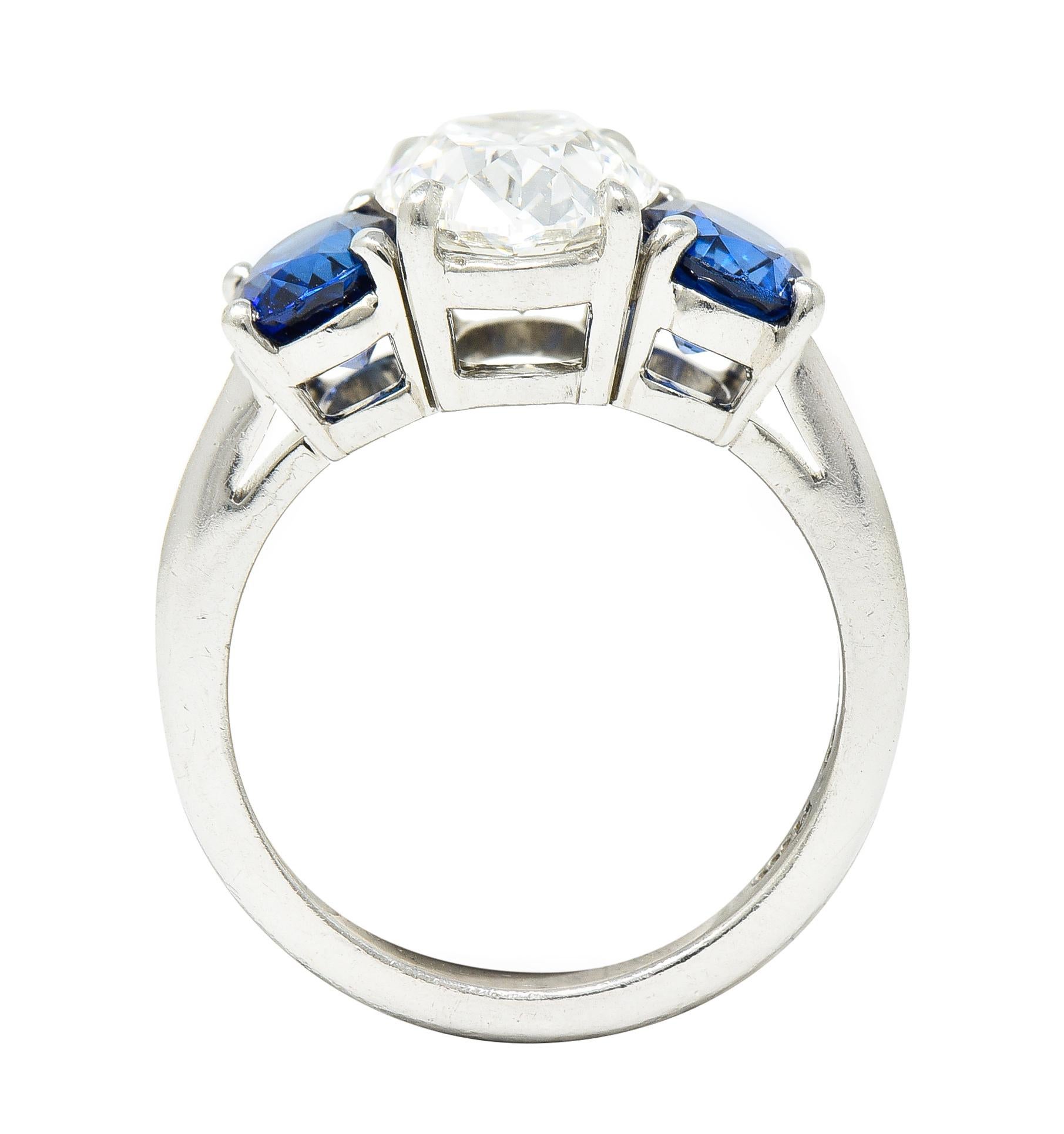 Tiffany & Co. 4.26 Carats Oval Cut Diamond Sapphire Platinum Three Stone Ring 4