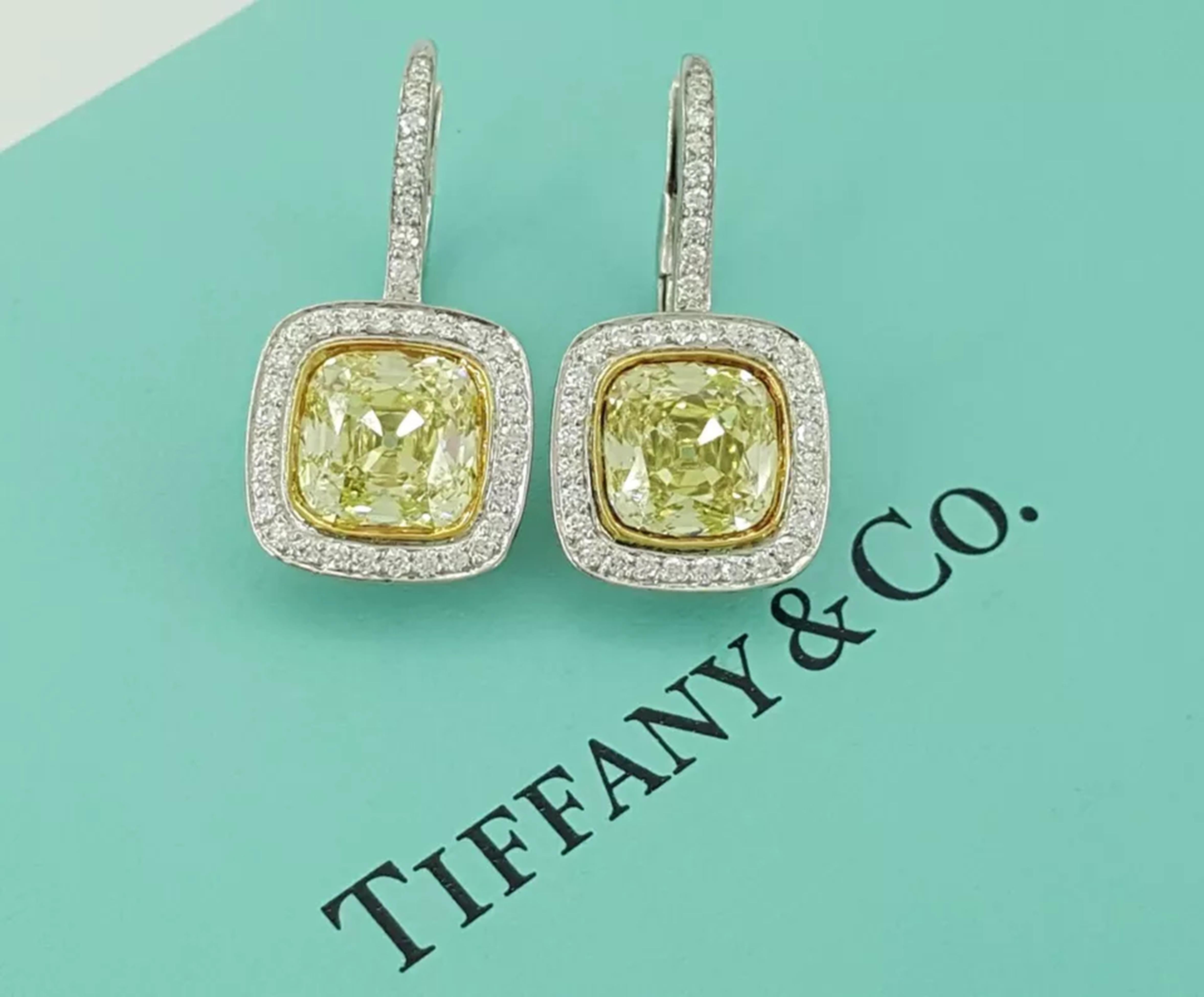 Taglio Asscher TIFFANY & CO. Orecchini in platino con diamante giallo 4,32 Fancy Dangle in vendita