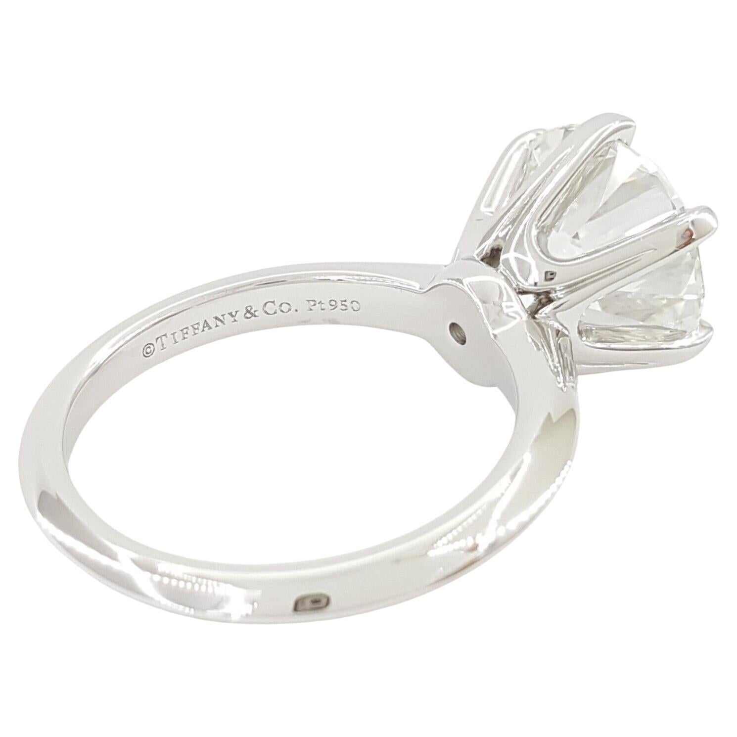 Tiffany & Co. 4.49 ct Total Weight Platinum Round Brilliant Cut Diamond Solitaire Engagement Ring. 
The ring weighs 8.5 grams, size 6.5 (sizable to most finger size), the center stone is a 4.49 ct Natural Round Brilliant Cut diamond, G in color, VS1
