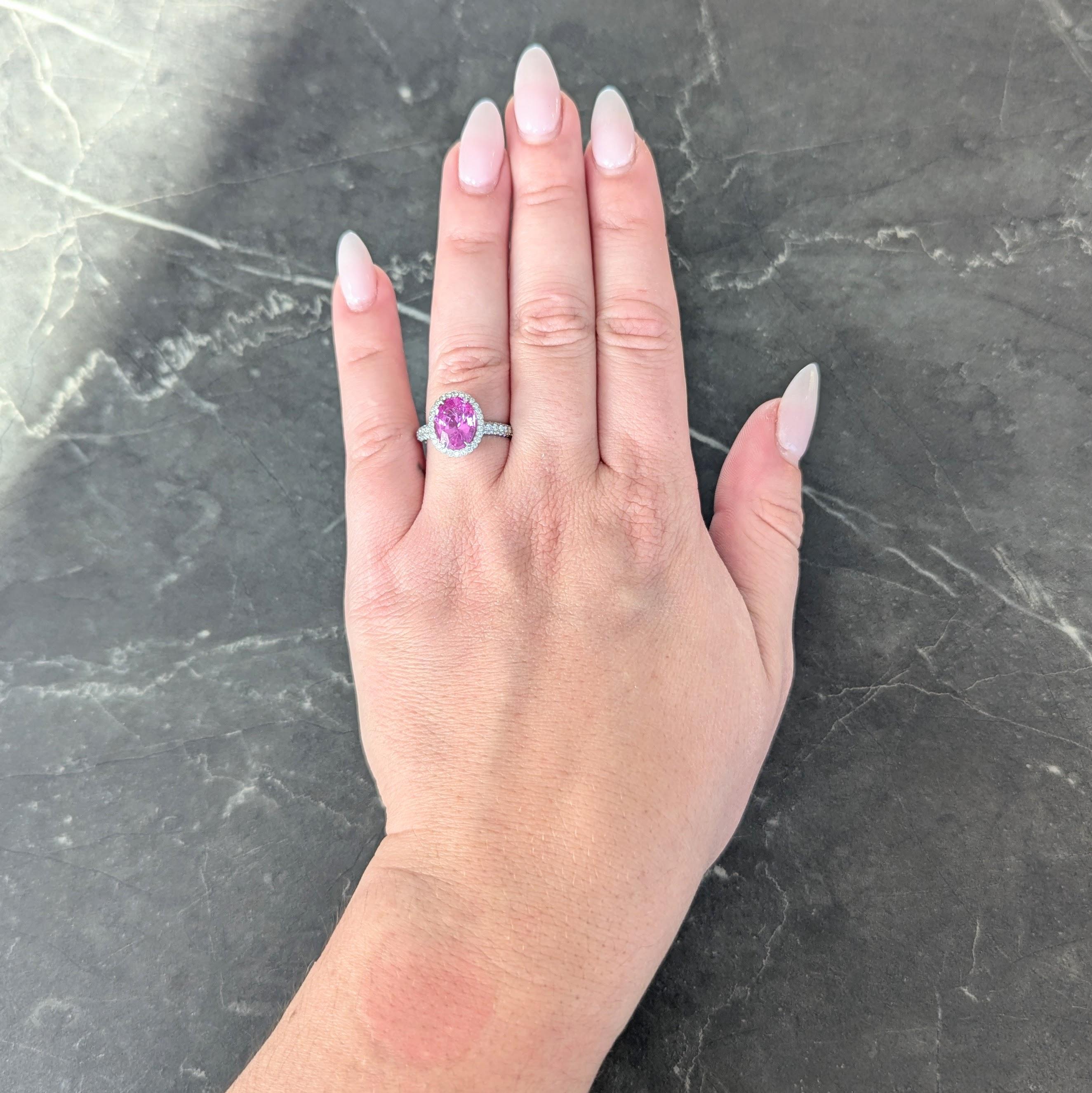 Centering an oval cut sapphire weighing 3.32 carats - transparent vibrant pink
Natural Ceylon (Sri Lankan) in origin - prong set with a scalloped halo surround
With round brilliant cut diamonds in halo and pierced fanning basket
Accented by
