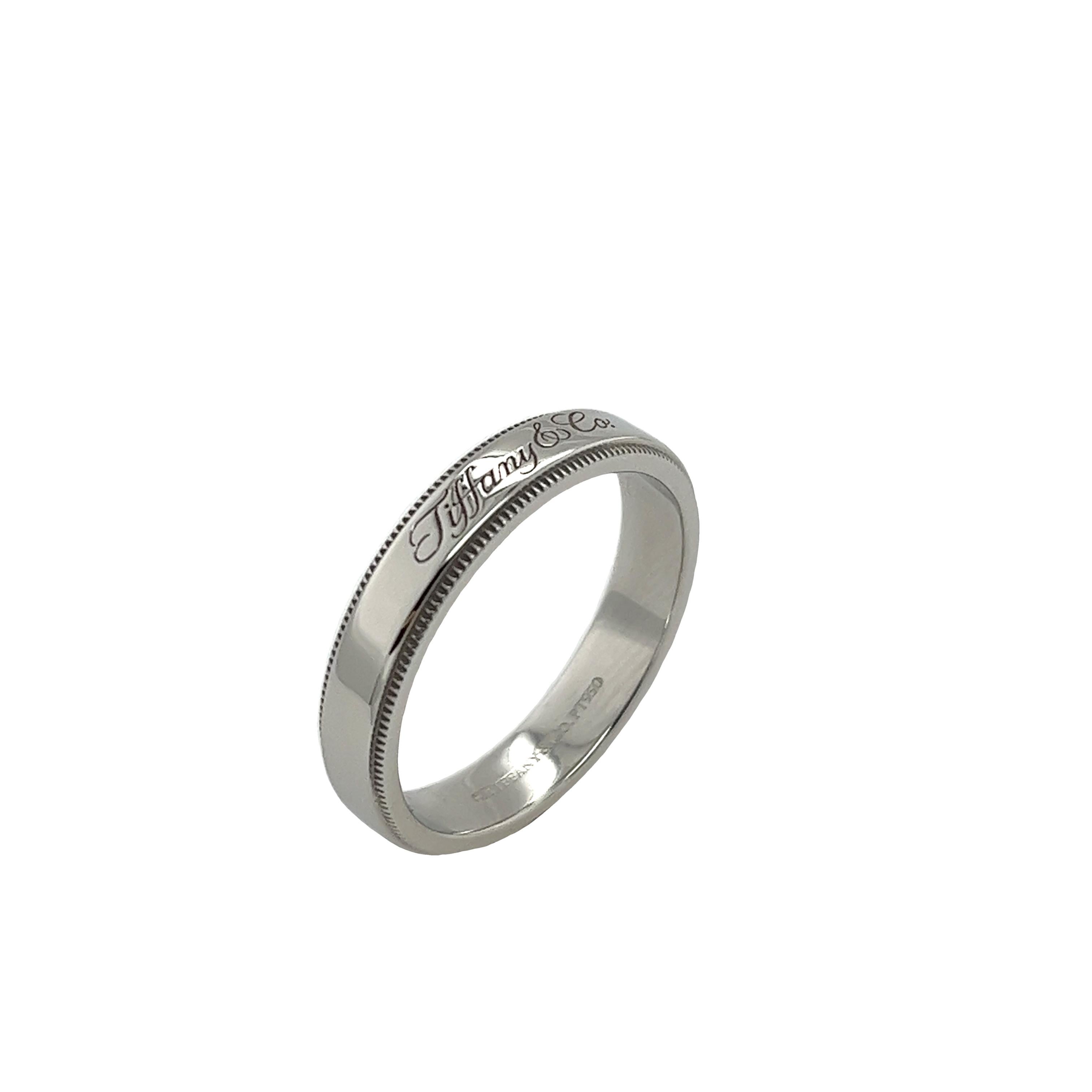 Tiffany & Co 4mm Together Platinum Milgrain Edge Wedding Ring In Excellent Condition For Sale In London, GB