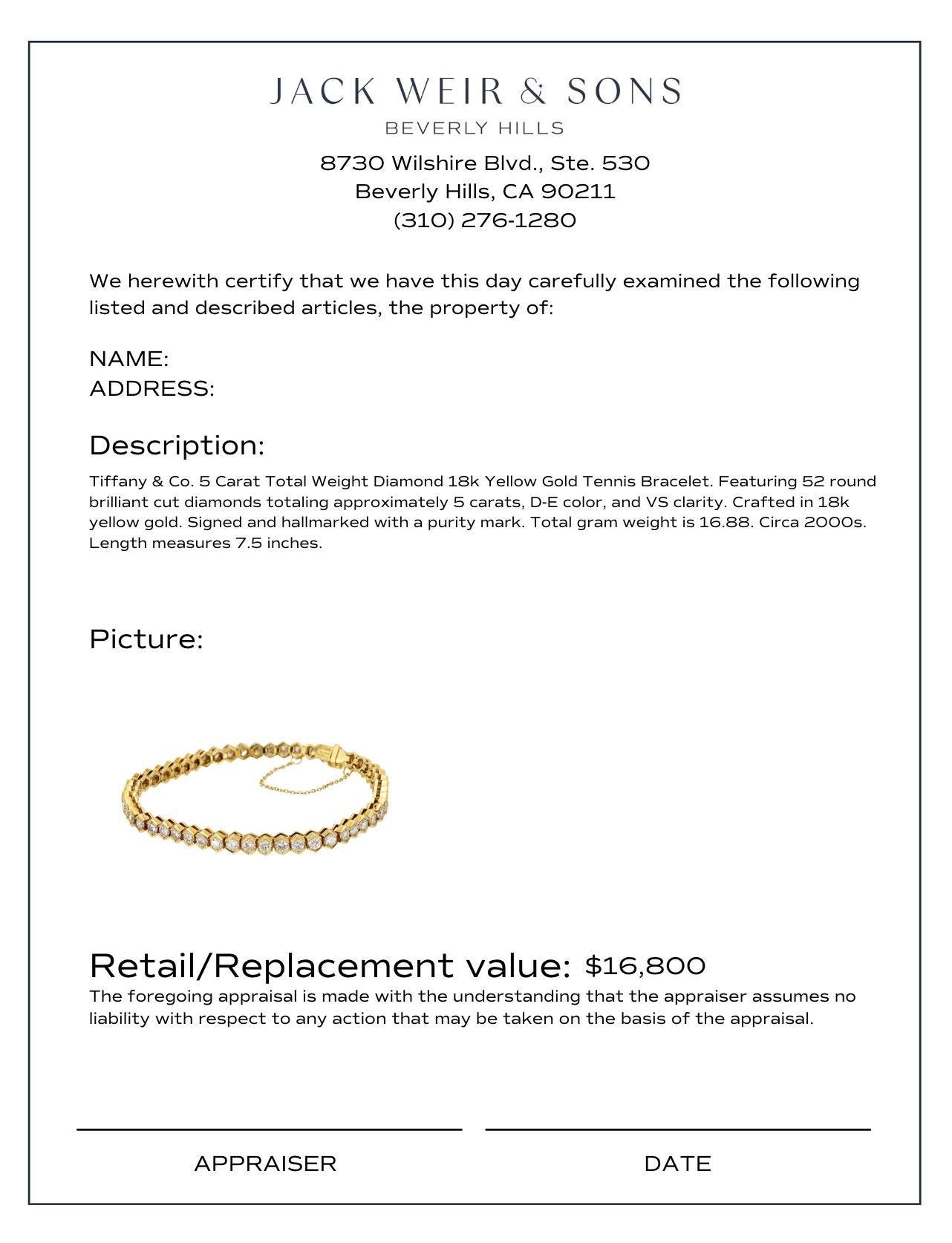 Brilliant Cut Tiffany & Co. 5 carat total weight diamond 18k yellow gold tennis bracelet