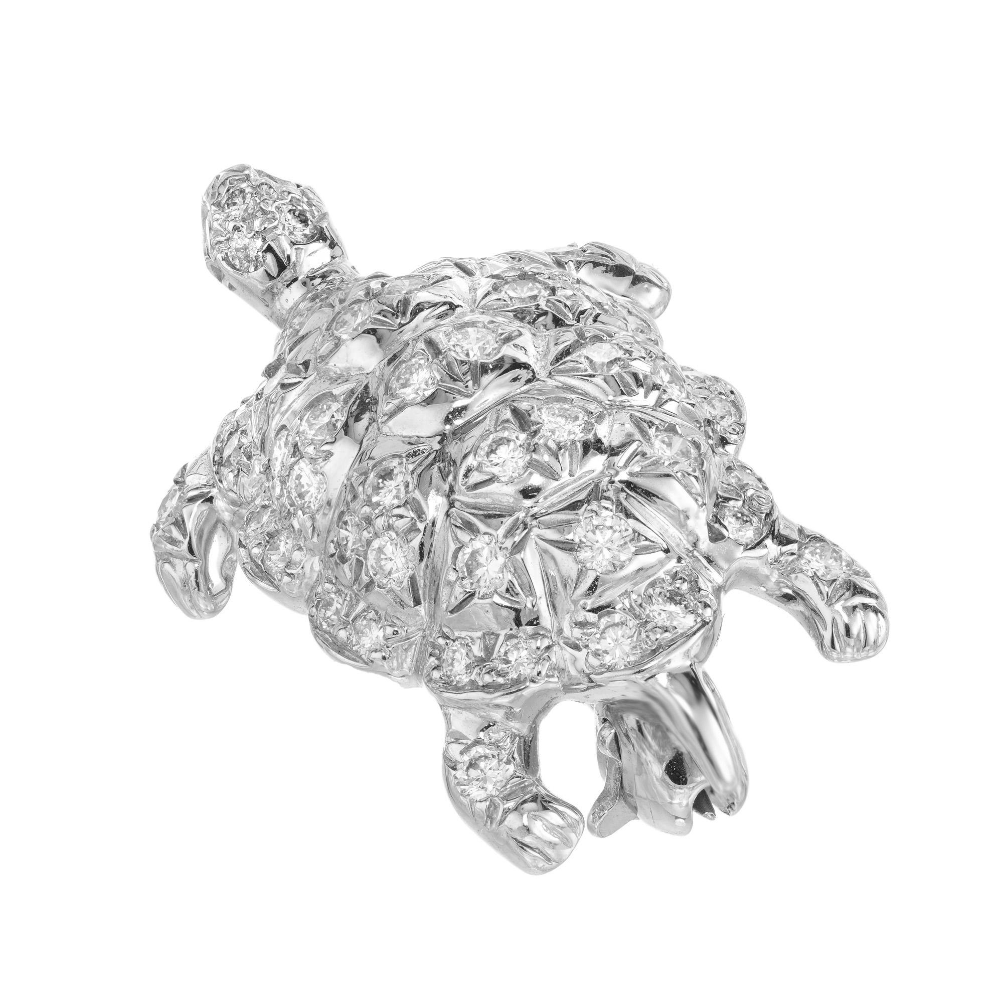 Round Cut Tiffany & Co .50 Carat Diamond Platinum Turtle Brooch Pendant For Sale