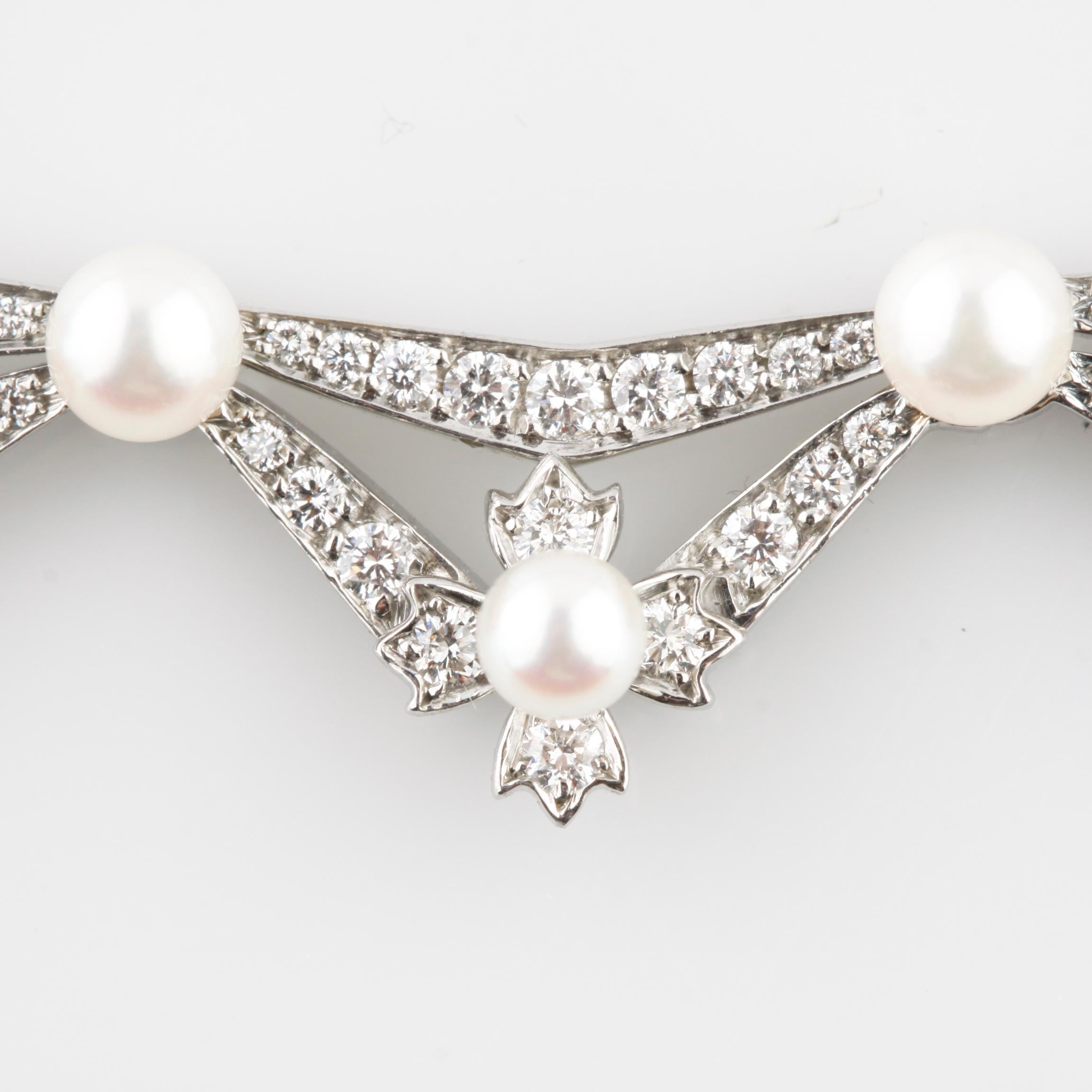 Round Cut Tiffany & Co. 5.00 Carat Diamond and Pearl Platinum Necklace For Sale