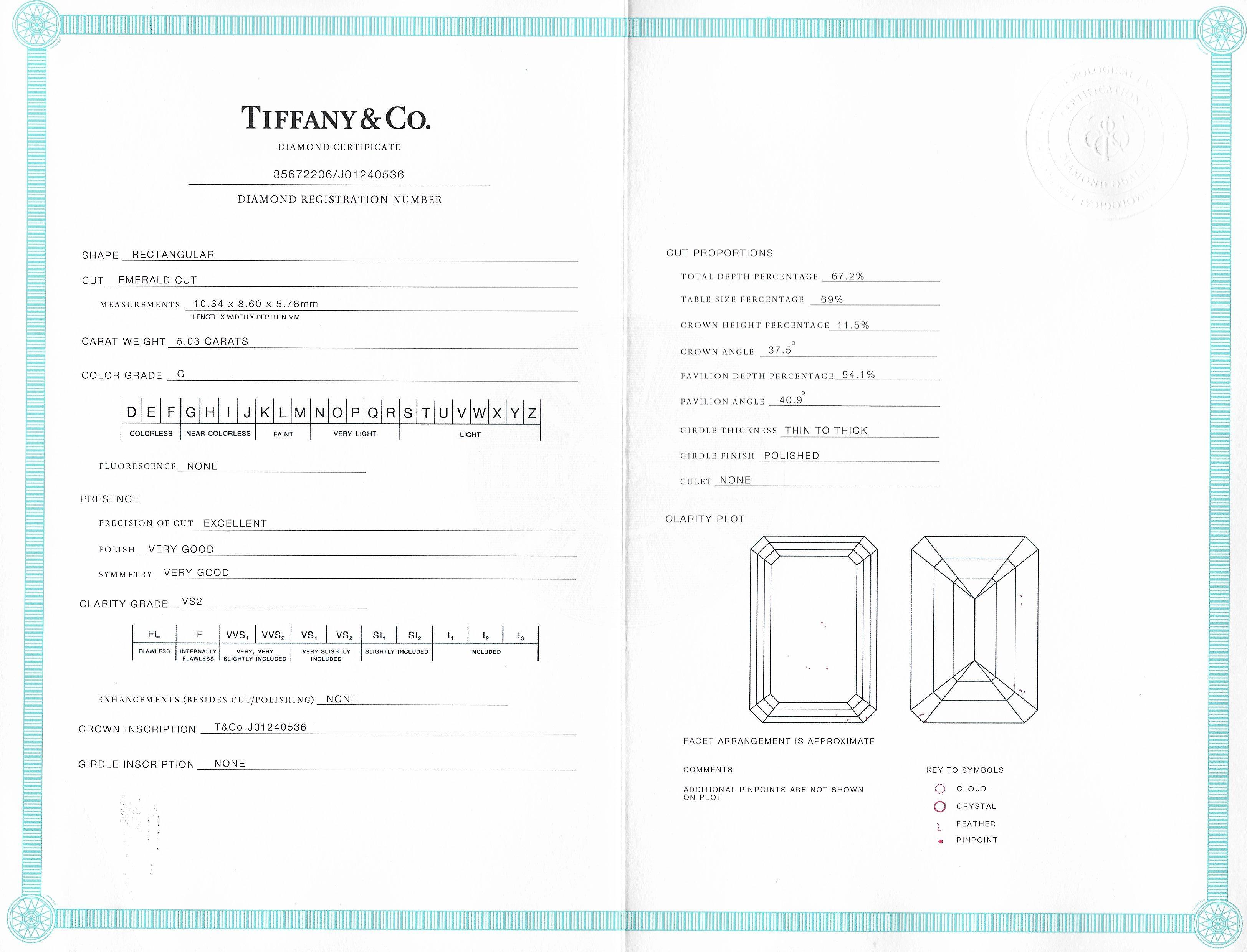 Tiffany & Co. 5.35 CTW Emerald Cut Diamond Platinum Soleste Engagement Ring For Sale 6
