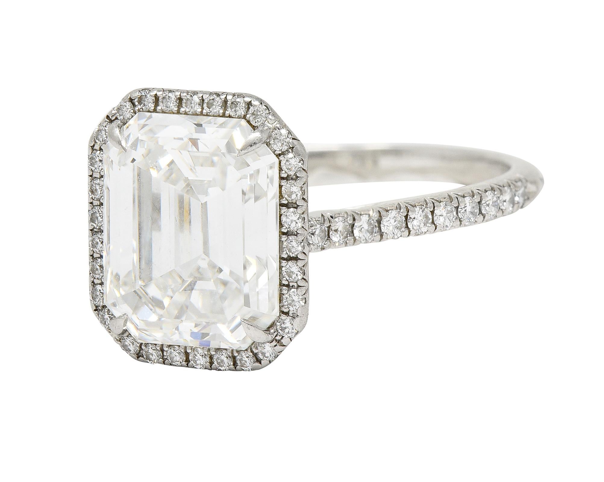 Women's or Men's Tiffany & Co. 5.35 CTW Emerald Cut Diamond Platinum Soleste Engagement Ring For Sale