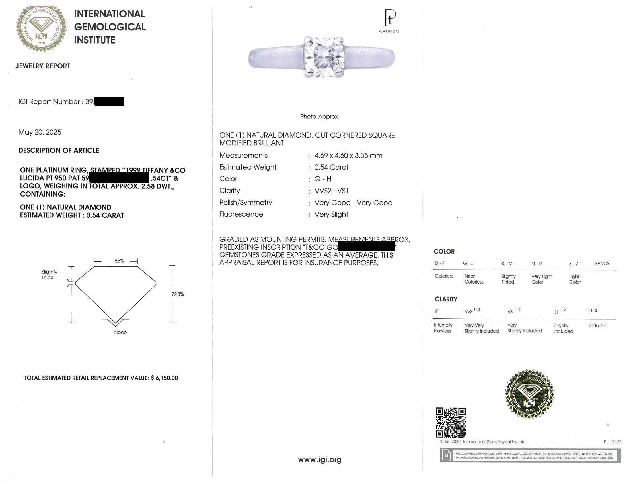 Tiffany & Co. .54 Ct Lucida Cut Diamant Verlobungsring  G-H, VVS2-VS1 IGI Cert im Angebot 3
