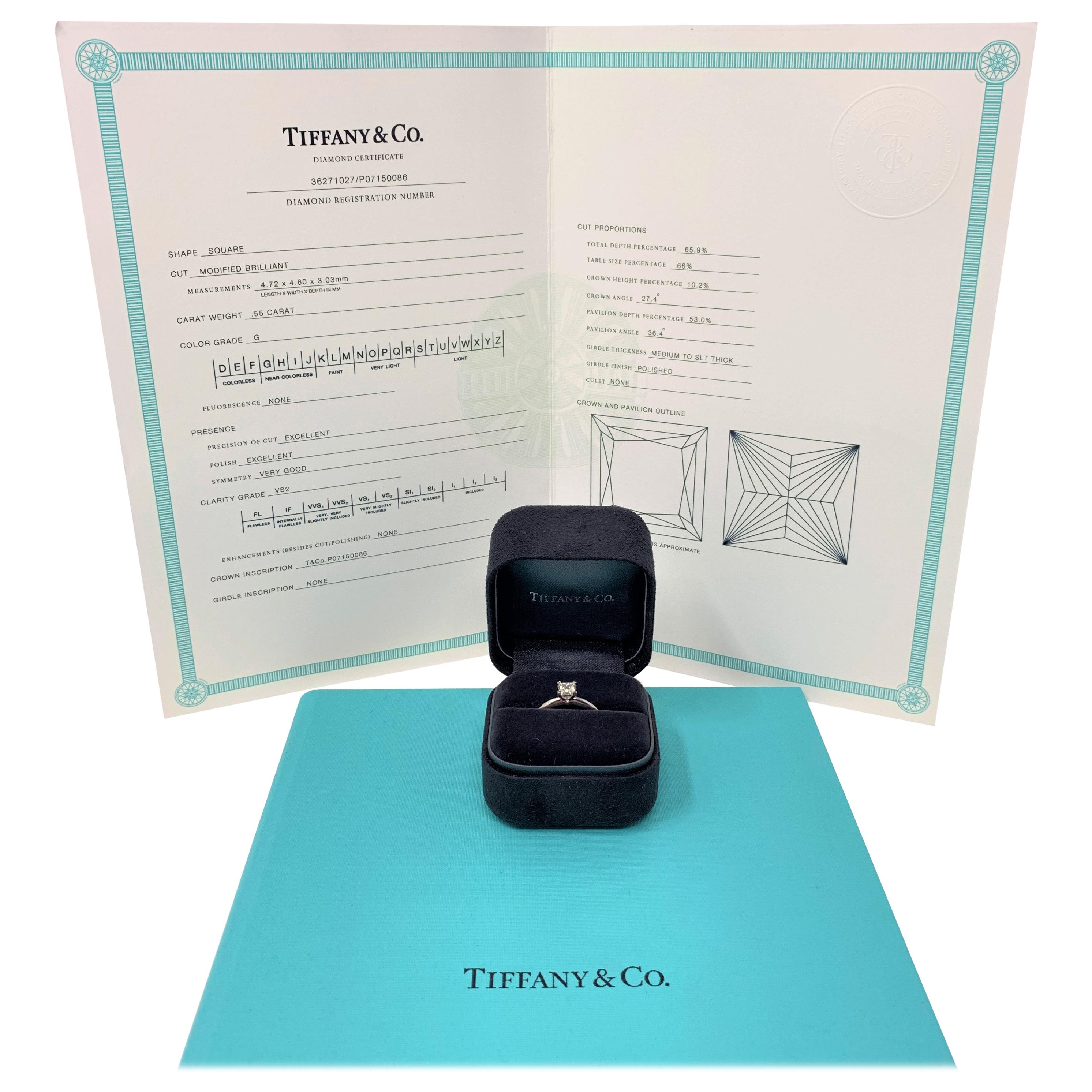 Tiffany & Co. .55 Carat Square Solitaire Diamond Engagement Ring G VS2