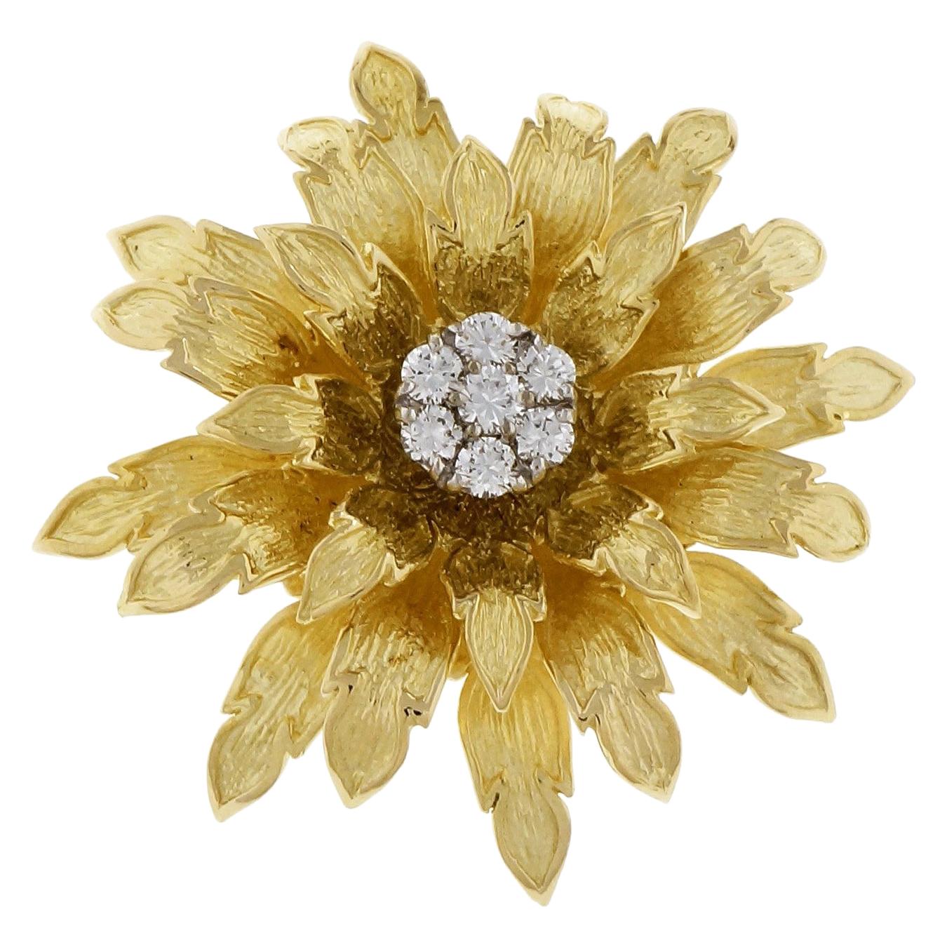 Tiffany & Co. .56 Carat Diamond Textured Gold Flower Brooch