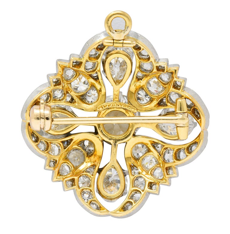 Old European Cut Tiffany & Co. 6.10 CTW Diamond Platinum 18 Karat Gold Quatrefoil Pendant Brooch For Sale