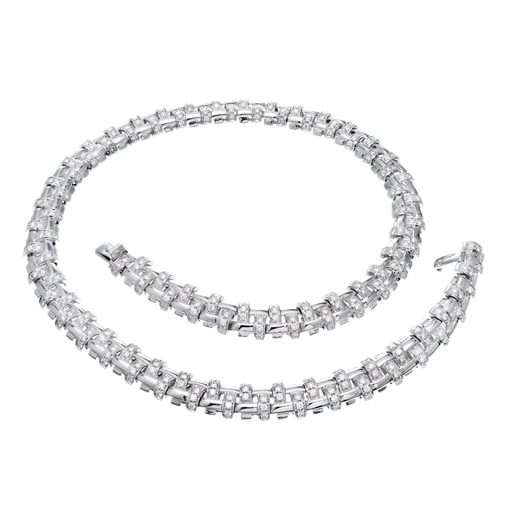  Tiffany & Co. 18k white gold diamond necklace with 312 diamonds in a braided T pattern. 17 inch necklace. 

312 round brilliant cut diamonds G VS, approx. 6.20cts
18k white gold 
Stamped: 750
Hallmark: T + CO Italy
80.4 grams
Width: