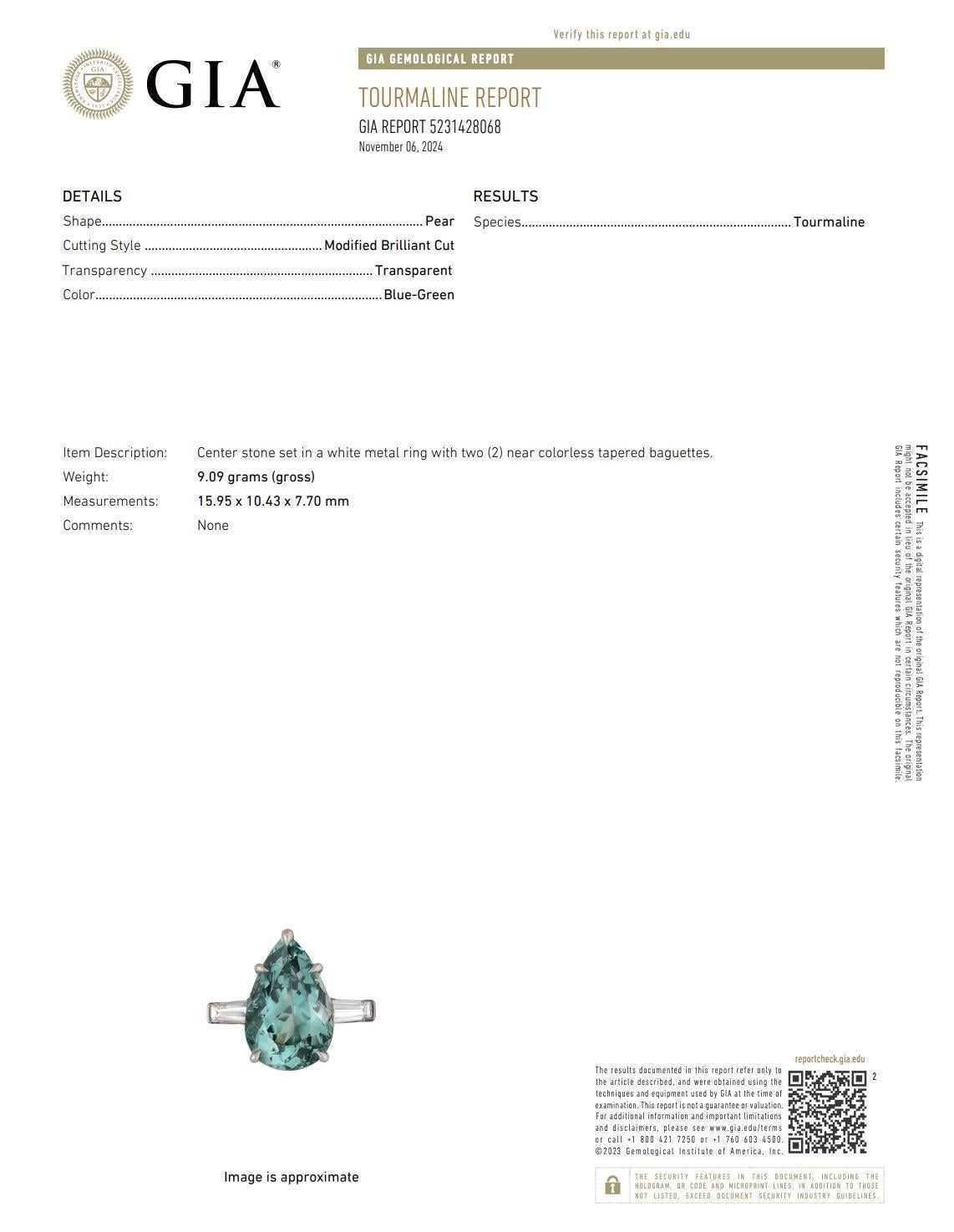 Tiffany & Co. 6.5 Carat Pear Cut Green-Blue Tourmaline and Diamond Platinum Ring For Sale 6