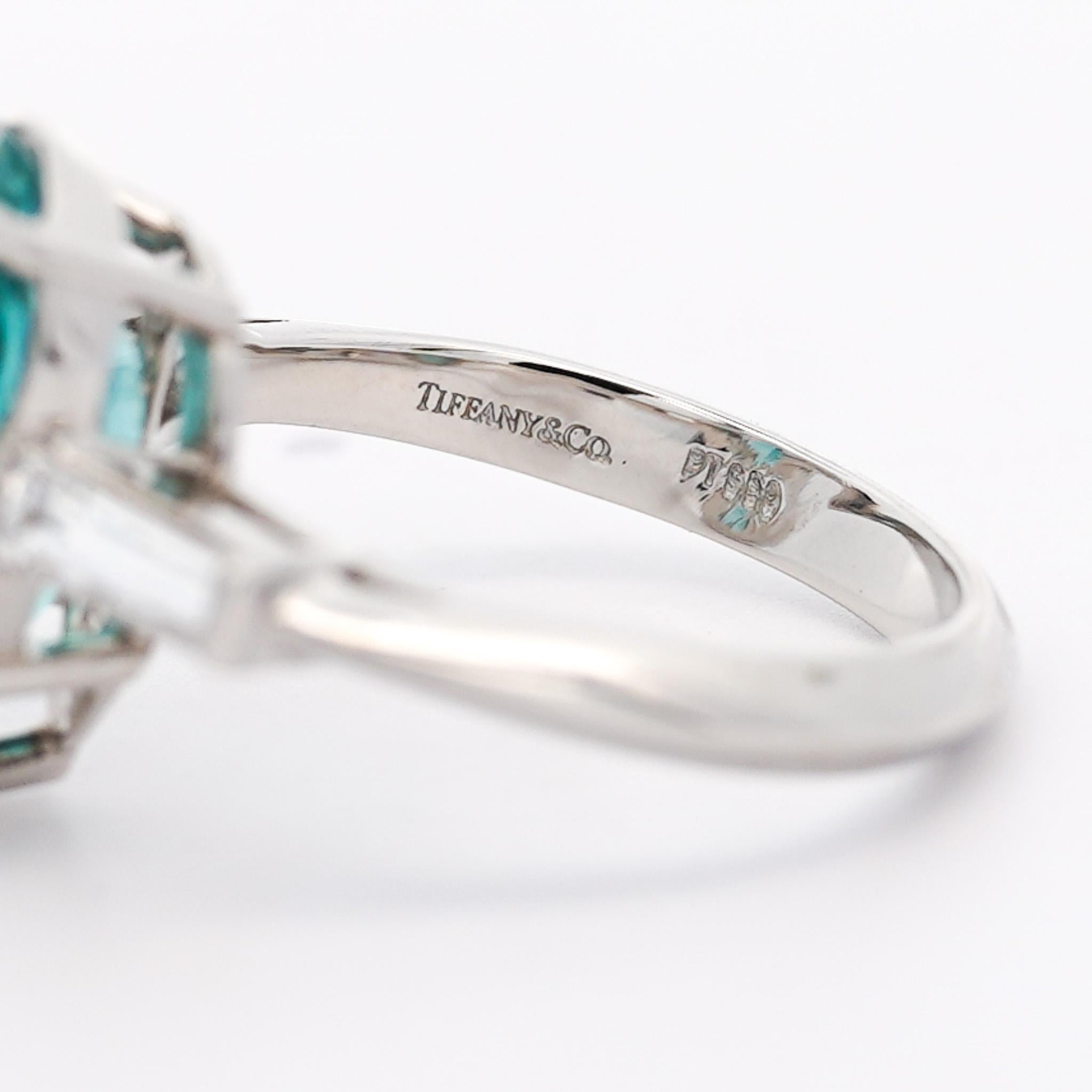 Women's Tiffany & Co. 6.5 Carat Pear Cut Green-Blue Tourmaline and Diamond Platinum Ring For Sale