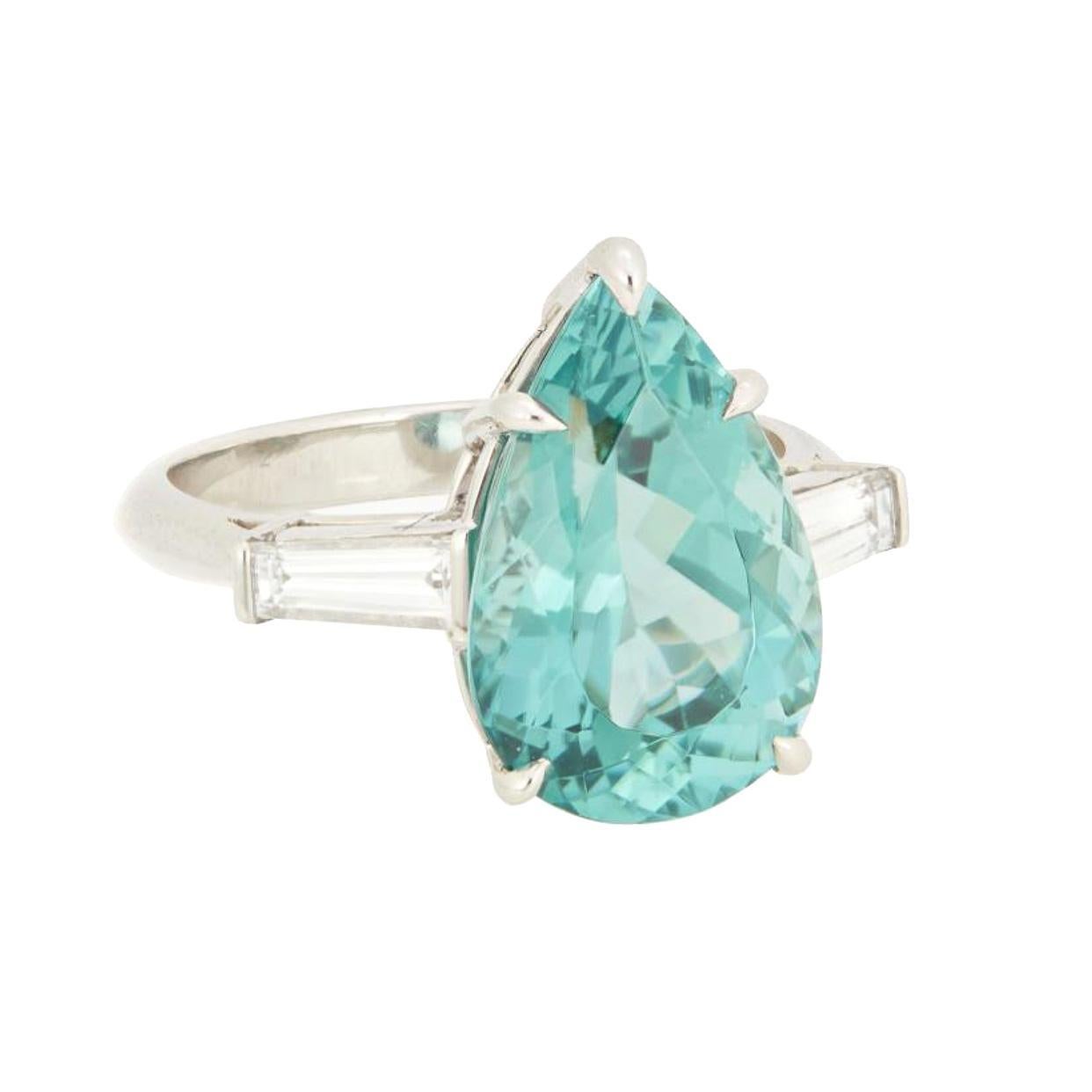 Tiffany & Co. 6.5 Carat Pear Cut Green-Blue Tourmaline and Diamond Platinum Ring For Sale 2