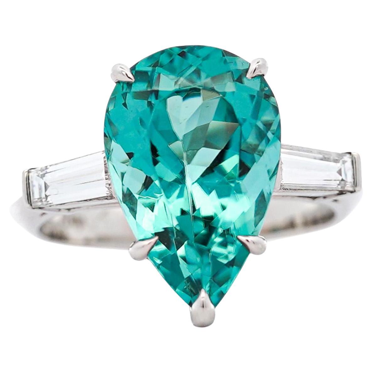 Tiffany & Co. 6.5 Carat Pear Cut Green-Blue Tourmaline and Diamond Platinum Ring For Sale