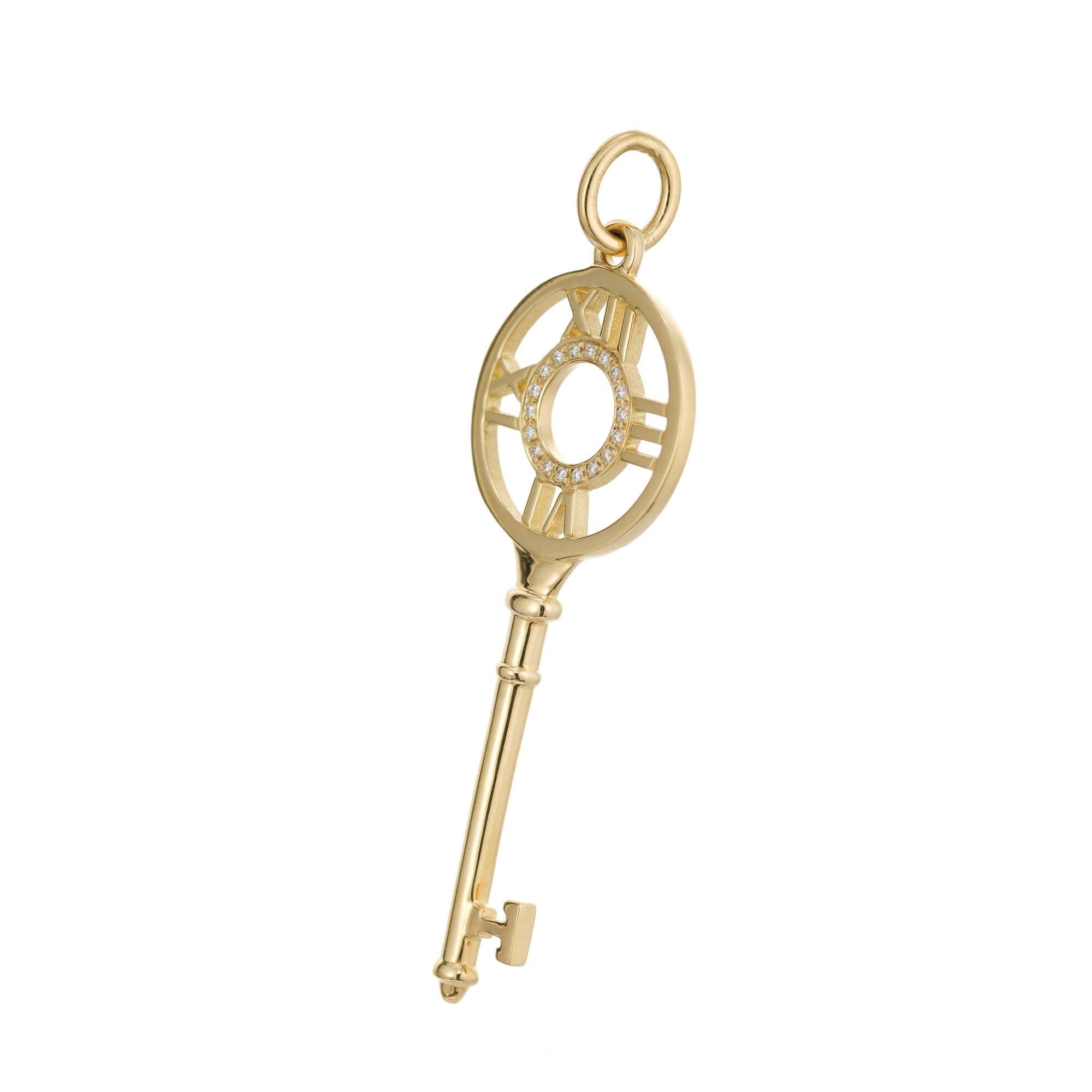 Atlas diamond key from Tiffany & Co in solid 18k yellow gold. 18 full cut diamonds .7cts

18 full cut diamonds, H VS approx. .7cts
18k yellow gold
Stamped: 750
Hallmark: Tiffany & Co Atlas 
4.0 grams
Top to bottom: 1.75 Inches
Width: 5/8 Inch
