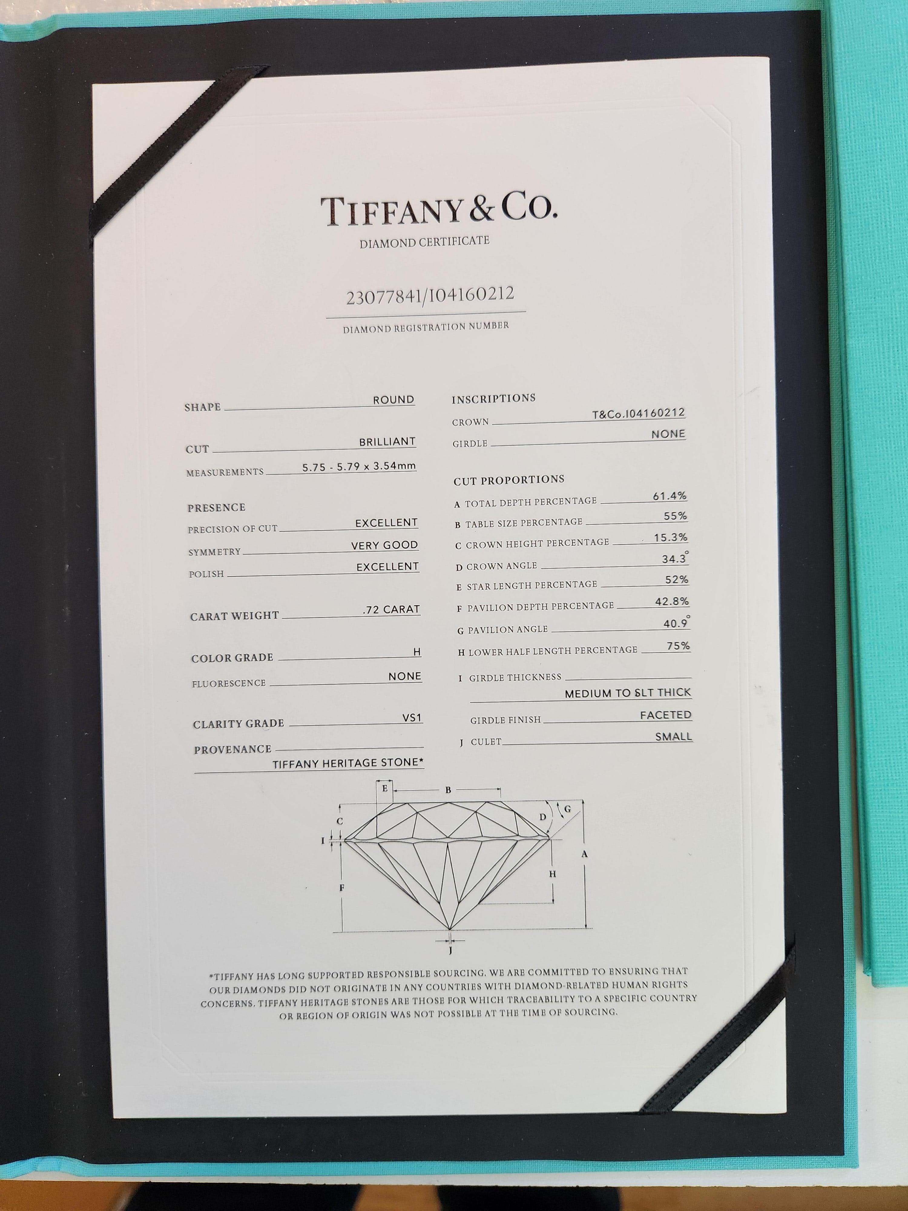 Brilliant Cut Tiffany & Co. .72ct Diamond Engagement Ring For Sale