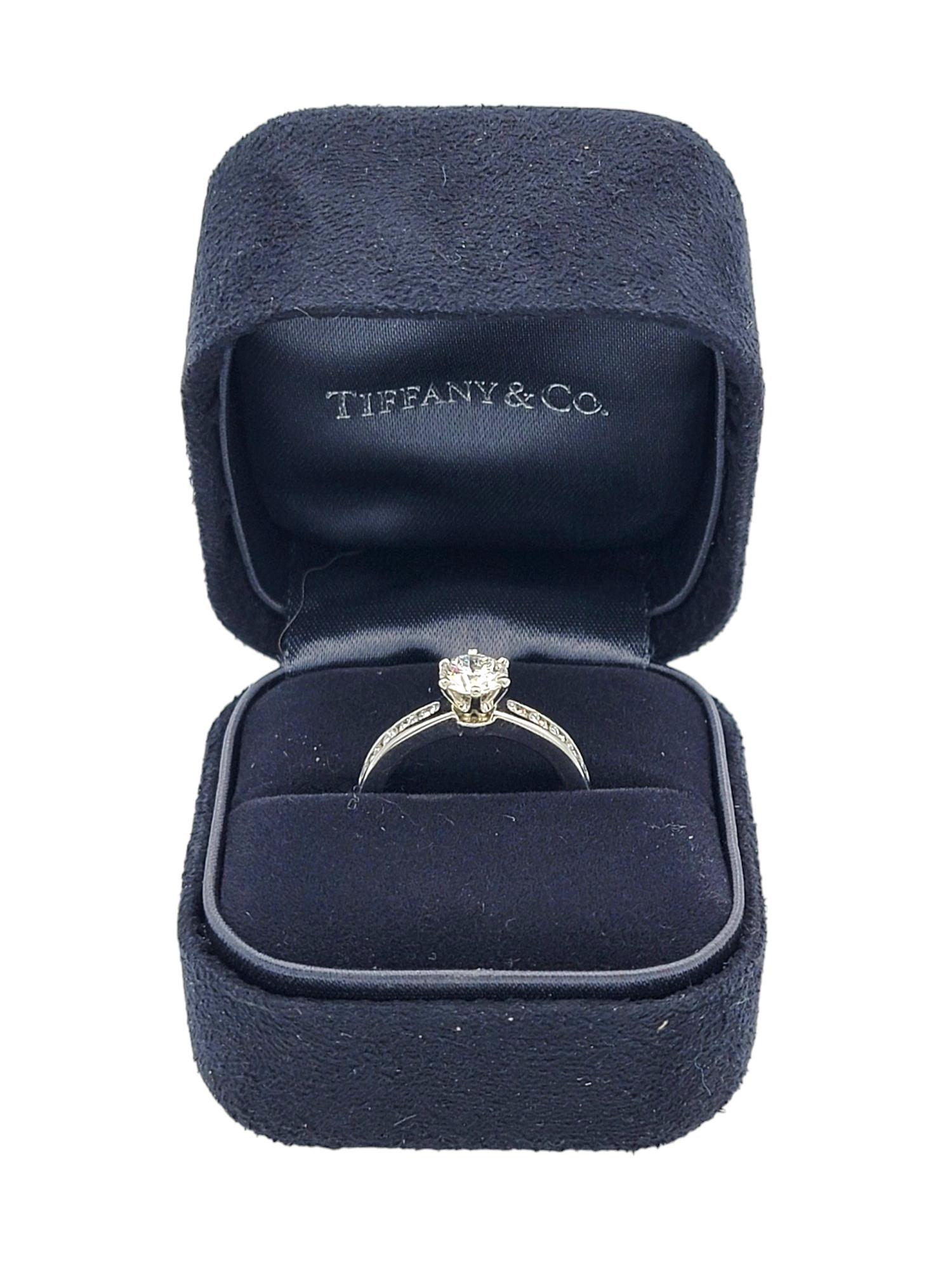 Tiffany & Co. .73 Carat Round Diamond Platinum Engagement Ring 10 Diamond Band  For Sale 5