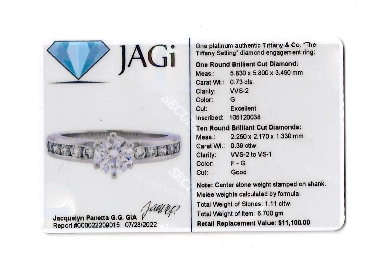 Tiffany & Co. .73 Carat Round Diamond Platinum Engagement Ring 10 Diamond Band  For Sale 6