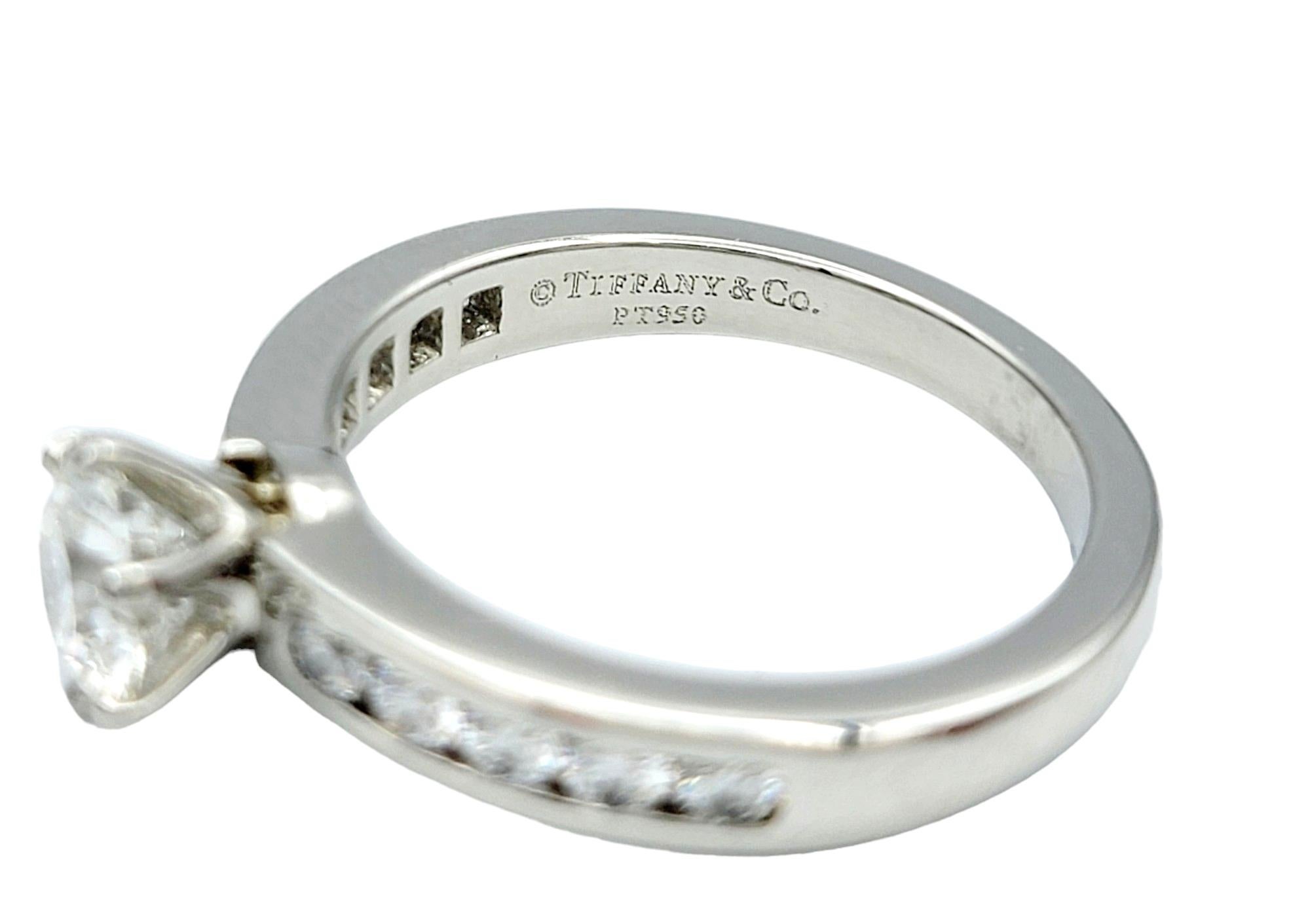 Tiffany & Co. .73 Carat Round Diamond Platinum Engagement Ring 10 Diamond Band  For Sale 2
