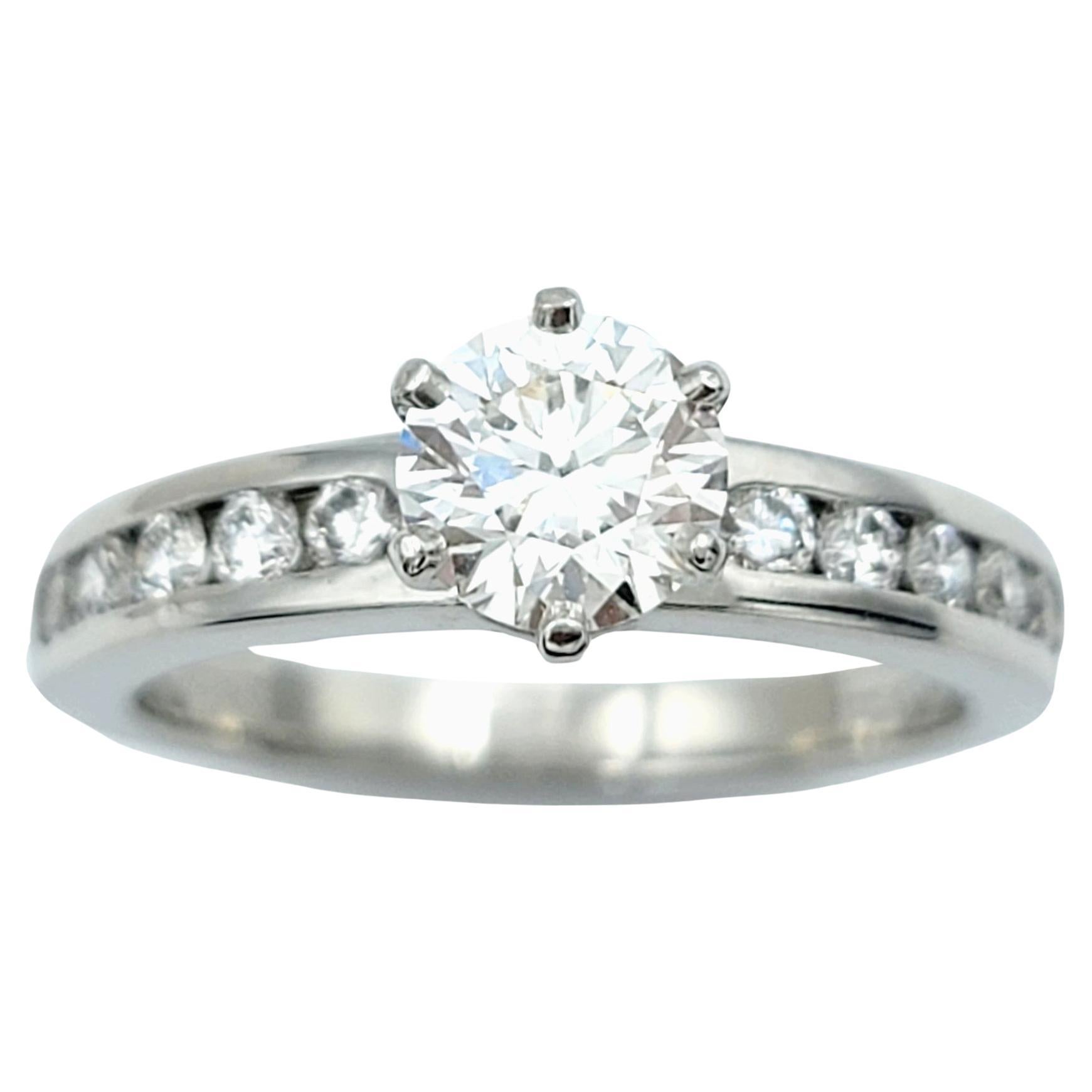Tiffany & Co. .73 Carat Round Diamond Platinum Engagement Ring 10 Diamond Band  For Sale