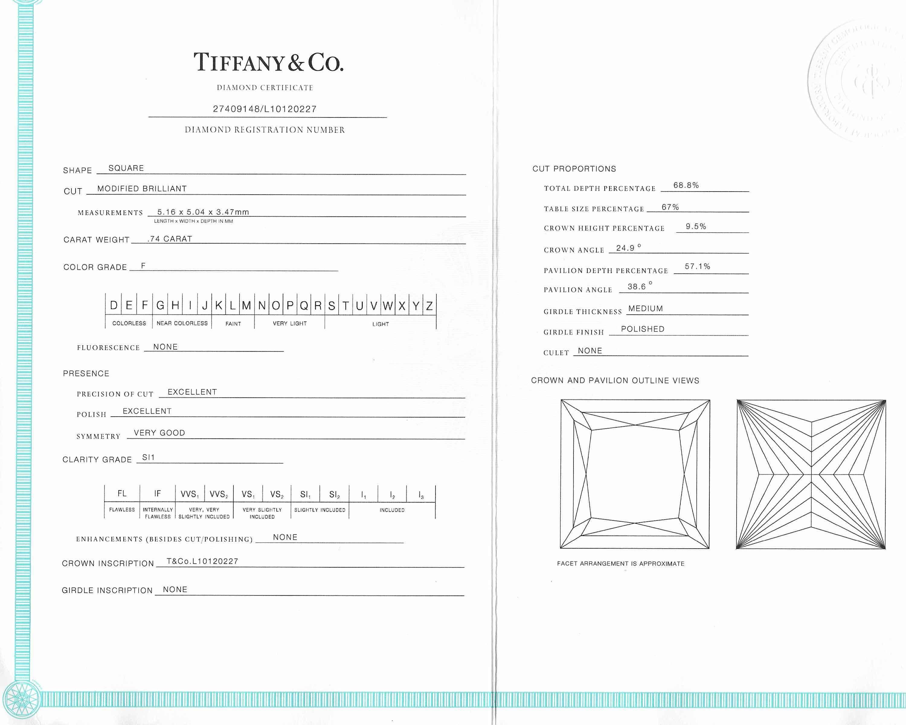 Tiffany & Co. .74 Carat Princess Cut Diamond Platinum Solitaire Engagement Ring 3