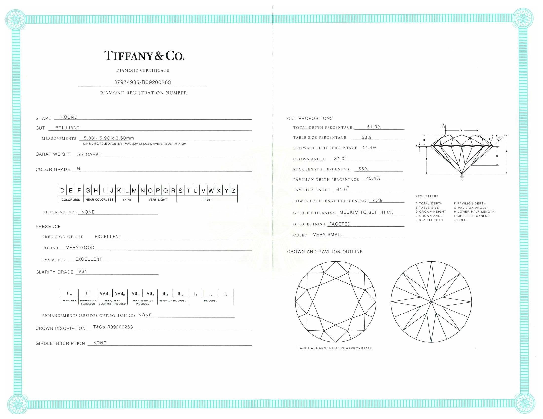 Tiffany & Co. Platin Diamant Verlobungsring 0::77 Ct G VS1 Rund Exzellenter Schliff 3