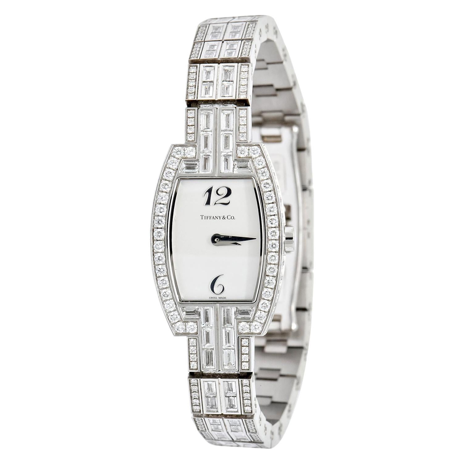 Tiffany & Co. 8.20 Carat Diamond 18 Karat White Gold Tonneau Ladies Watch