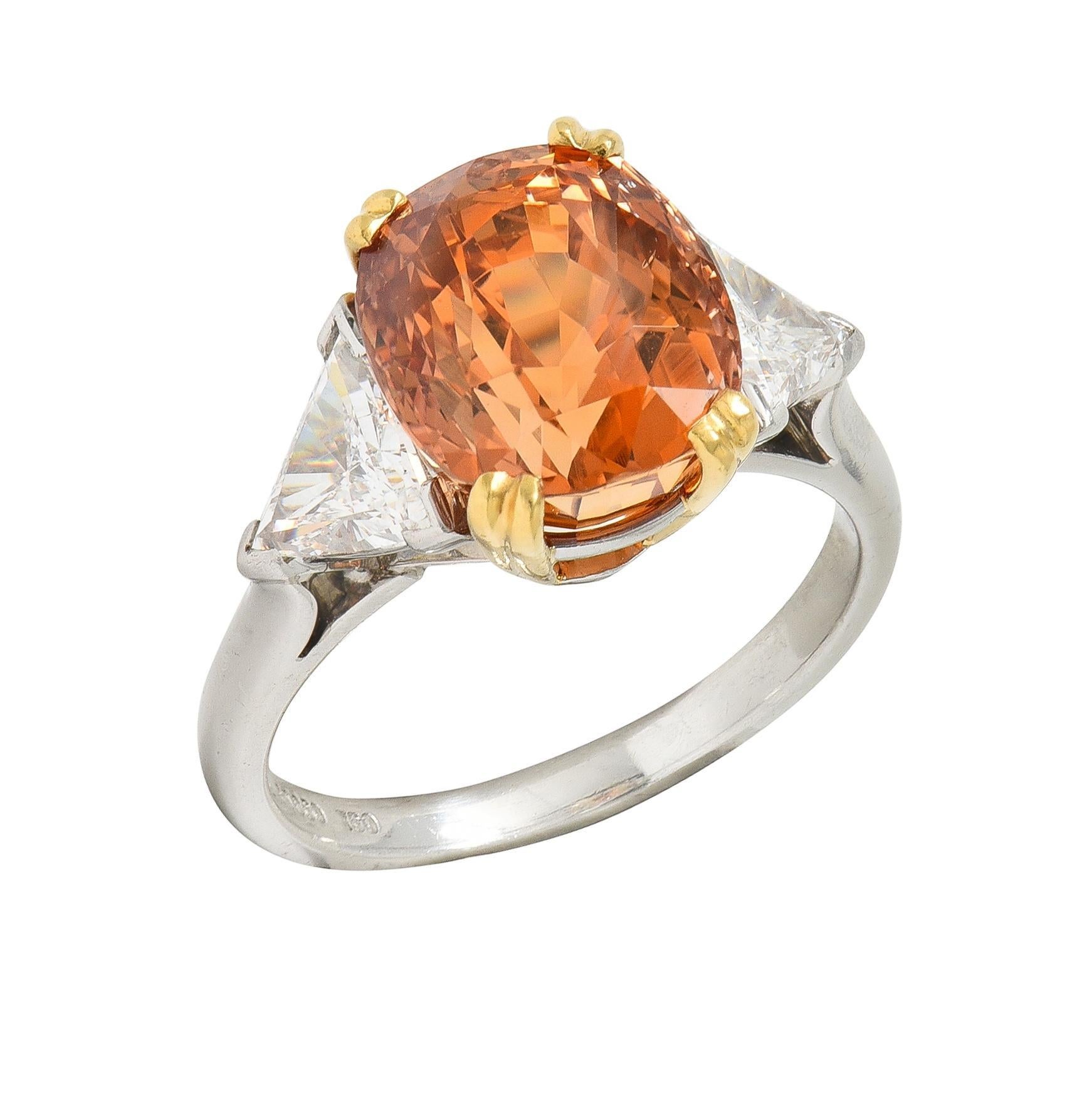 Trillion Cut Tiffany & Co. 8.61 CTW Orange Sapphire Diamond 18 Karat Gold Platinum Ring For Sale