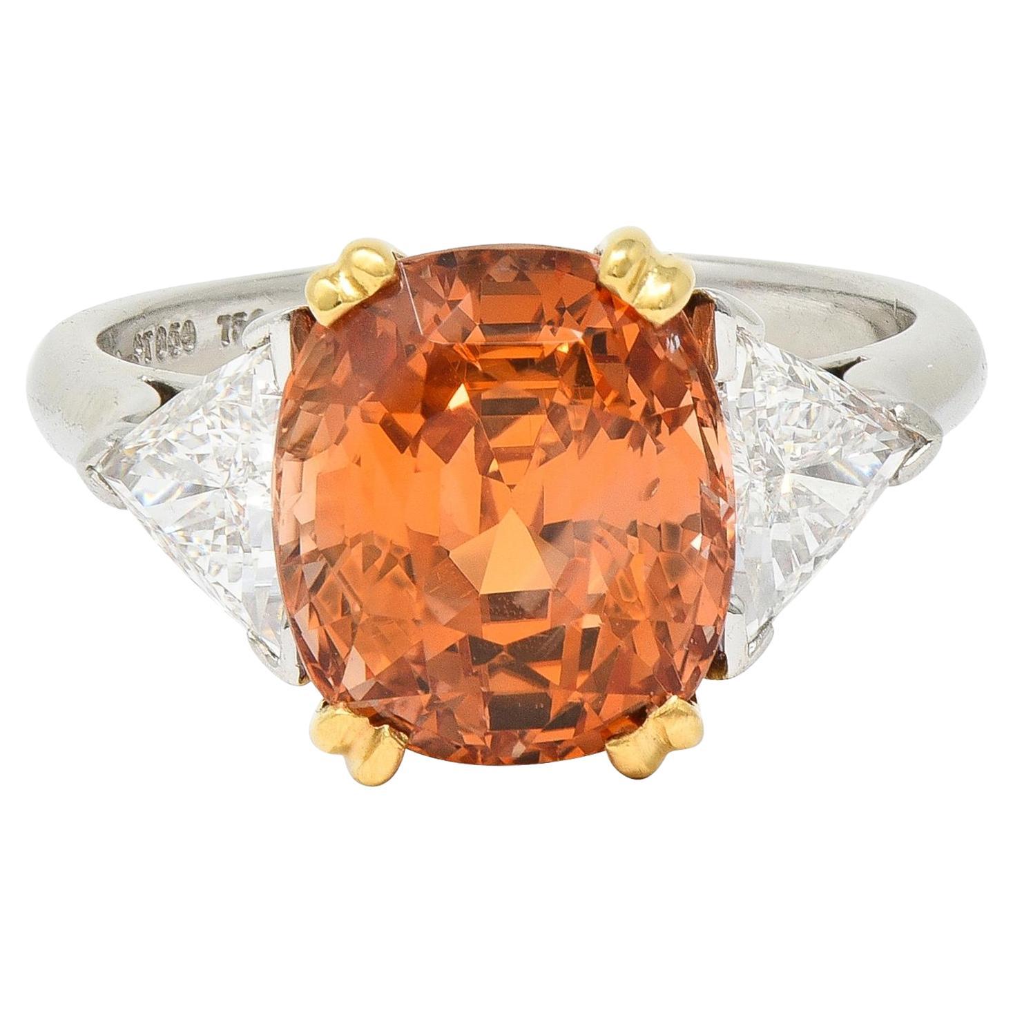 Tiffany & Co. 8.61 CTW Orange Sapphire Diamond 18 Karat Gold Platinum Ring For Sale