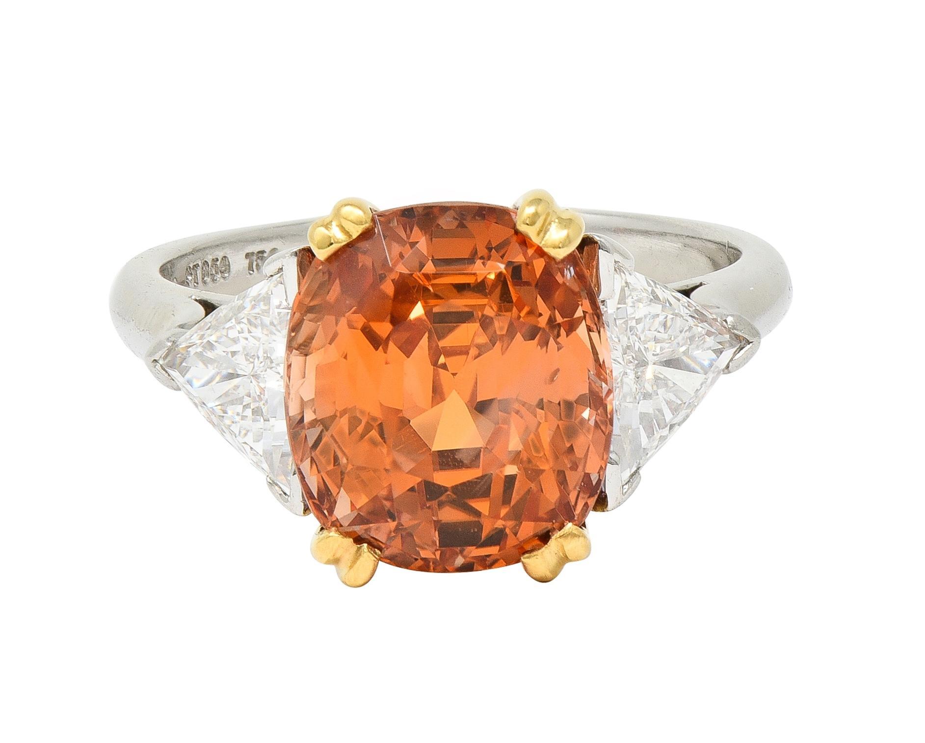 Tiffany & Co. 8.61 CTW Orange Sapphire Diamond 18 Karat Gold Platinum Ring For Sale
