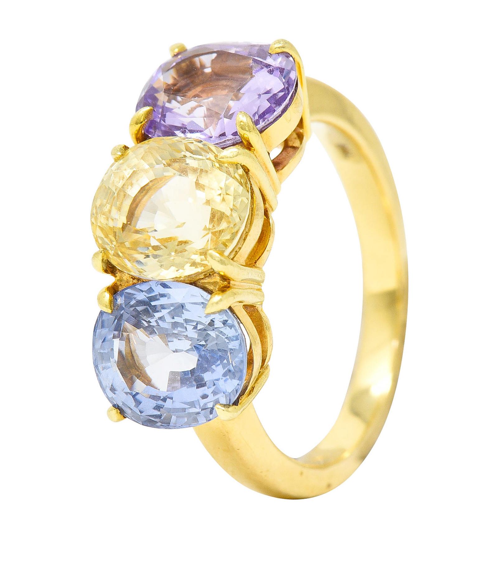 Tiffany & Co. 8.79 Carats Pastel Colored Sapphire 18 Karat Gold Three Stone Ring 4