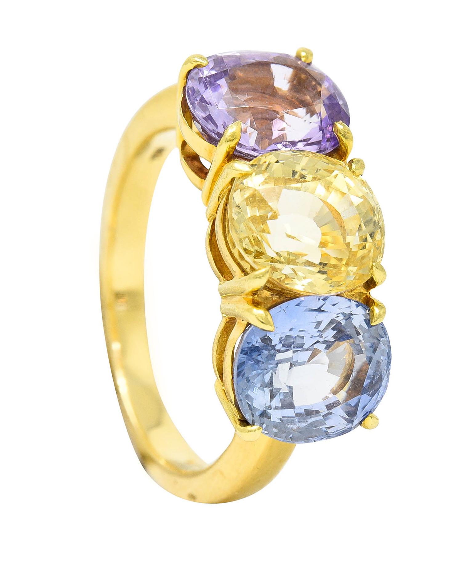 Tiffany & Co. 8.79 Carats Pastel Colored Sapphire 18 Karat Gold Three Stone Ring 5